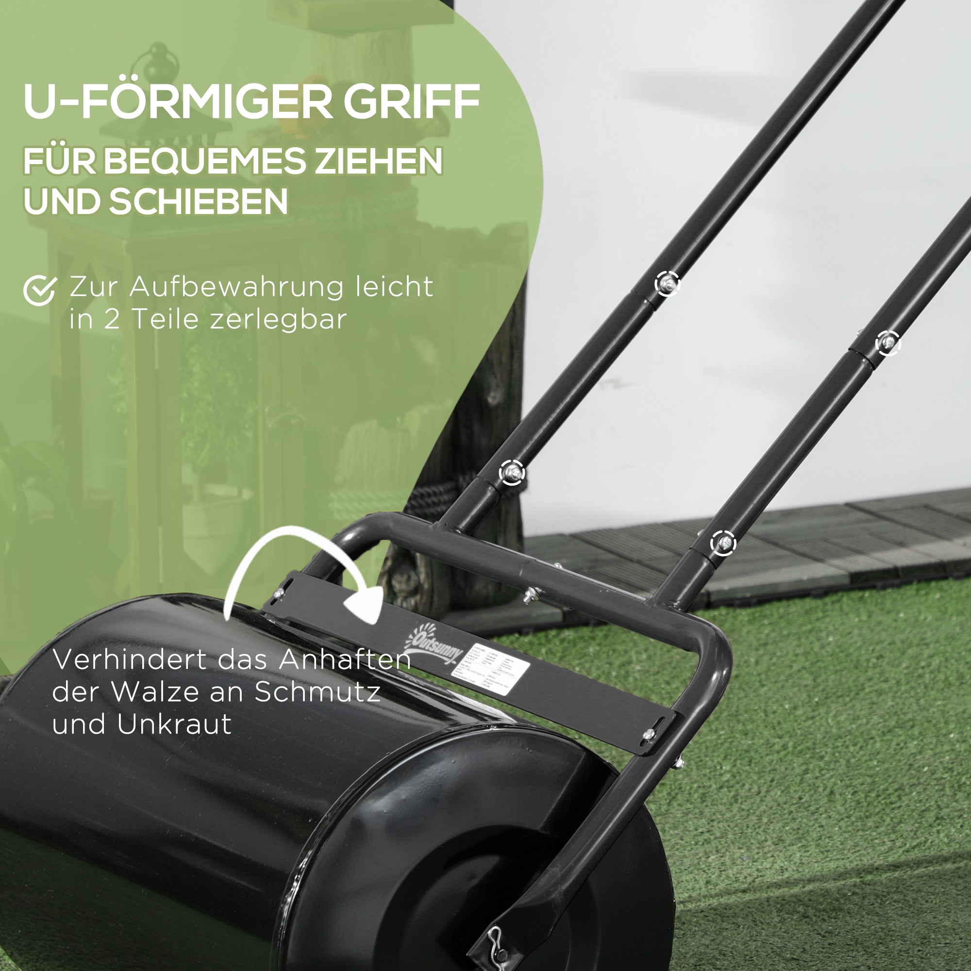 Lawn Roller with U-Handle, Garden Roller, Garden Roll, 32 cm Diameter, 38 L Water/62 kg Sand, Metal, Black, 58 x 32.5 x 113 cm
