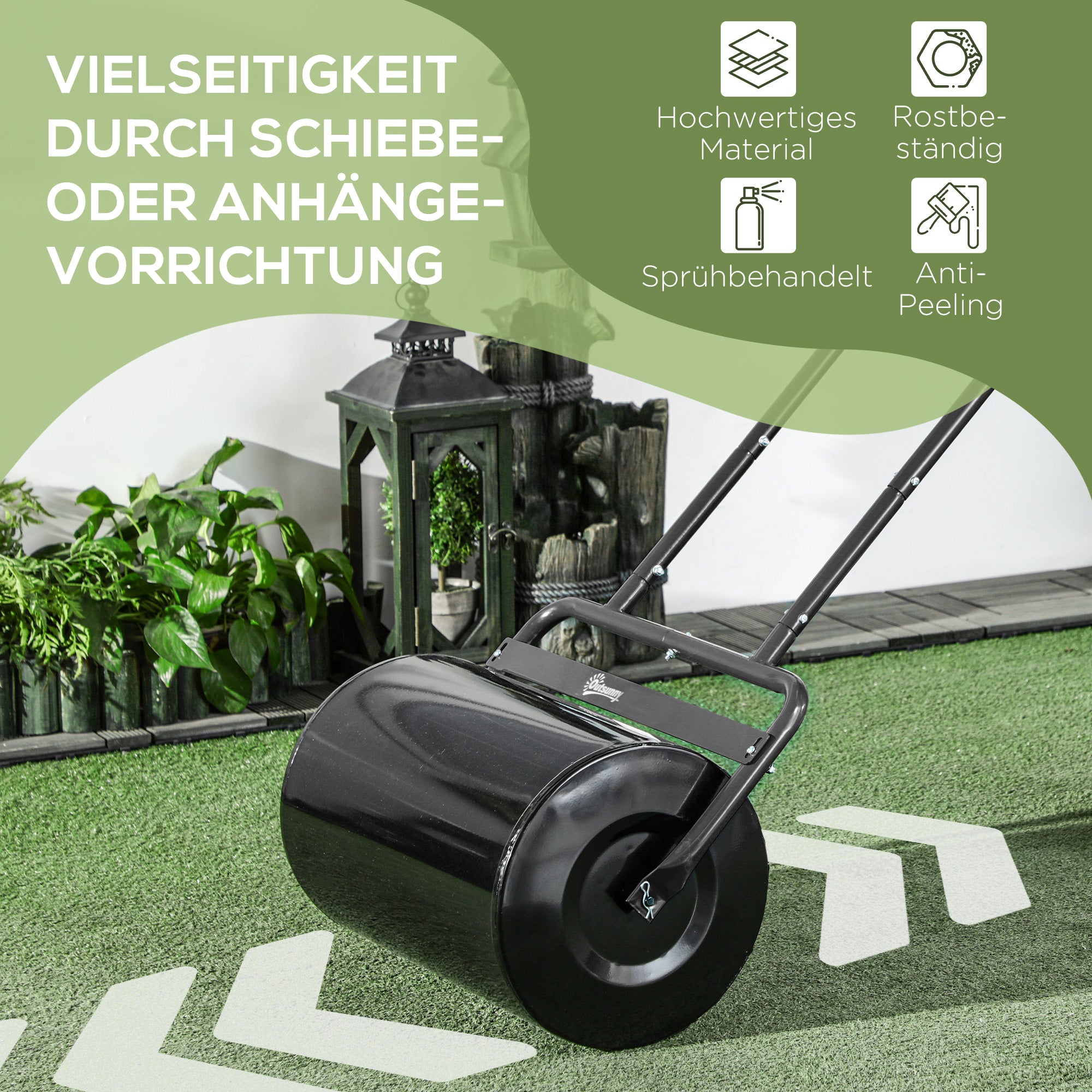 Lawn Roller with U-Handle, Garden Roller, Garden Roll, 32 cm Diameter, 38 L Water/62 kg Sand, Metal, Black, 58 x 32.5 x 113 cm