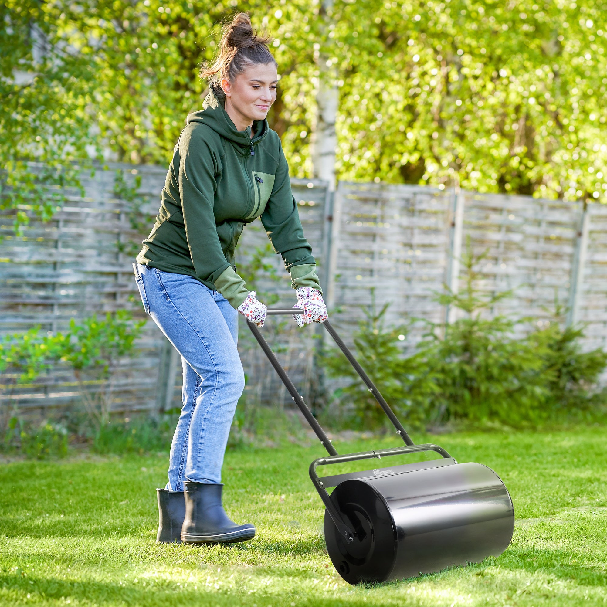 Lawn Roller with U-Handle, Garden Roller, Garden Roll, 32 cm Diameter, 38 L Water/62 kg Sand, Metal, Black, 58 x 32.5 x 113 cm