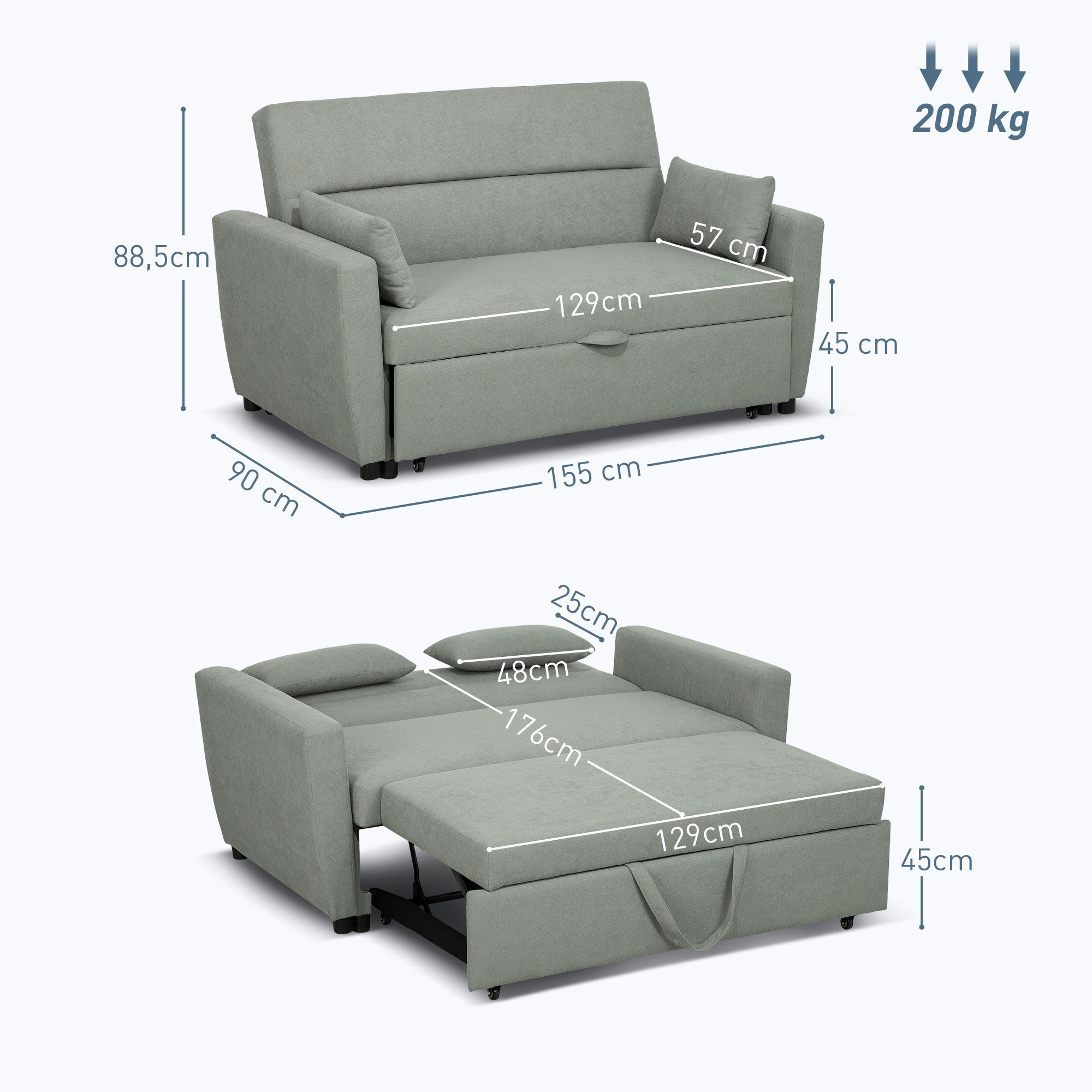Sofa Bed, 2-Seater Sofa with Sleeping Function, Adjustable Backrest, Couch with Pillows, Velvet Look, Sleeper Sofa for Living Room, Guest Room, Light Grey