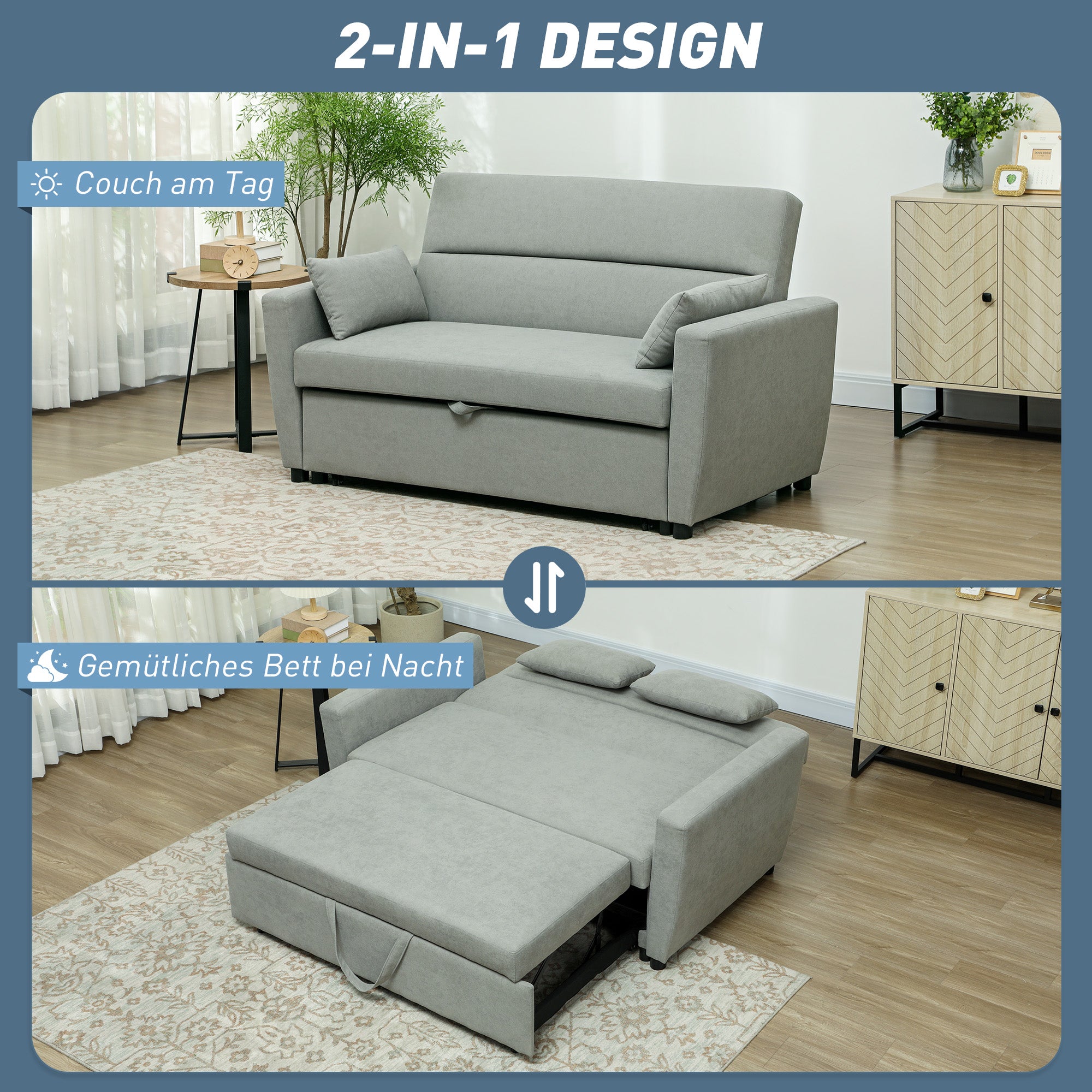 Sofa Bed, 2-Seater Sofa with Sleeping Function, Adjustable Backrest, Couch with Pillows, Velvet Look, Sleeper Sofa for Living Room, Guest Room, Light Grey