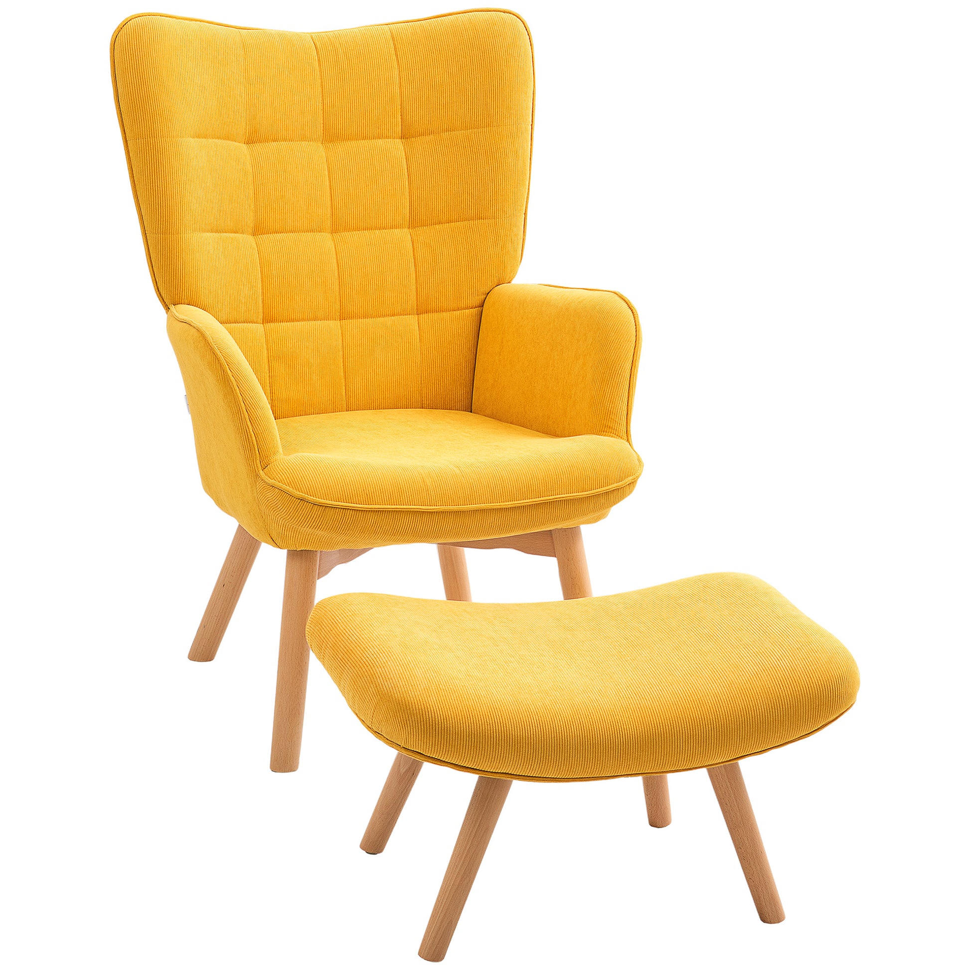 Armchair with Footstool, Wingback Chair with High Backrest, Wooden Legs, Lounge Chair with Tufted Design, Corduroy Look, for Living Room, Yellow