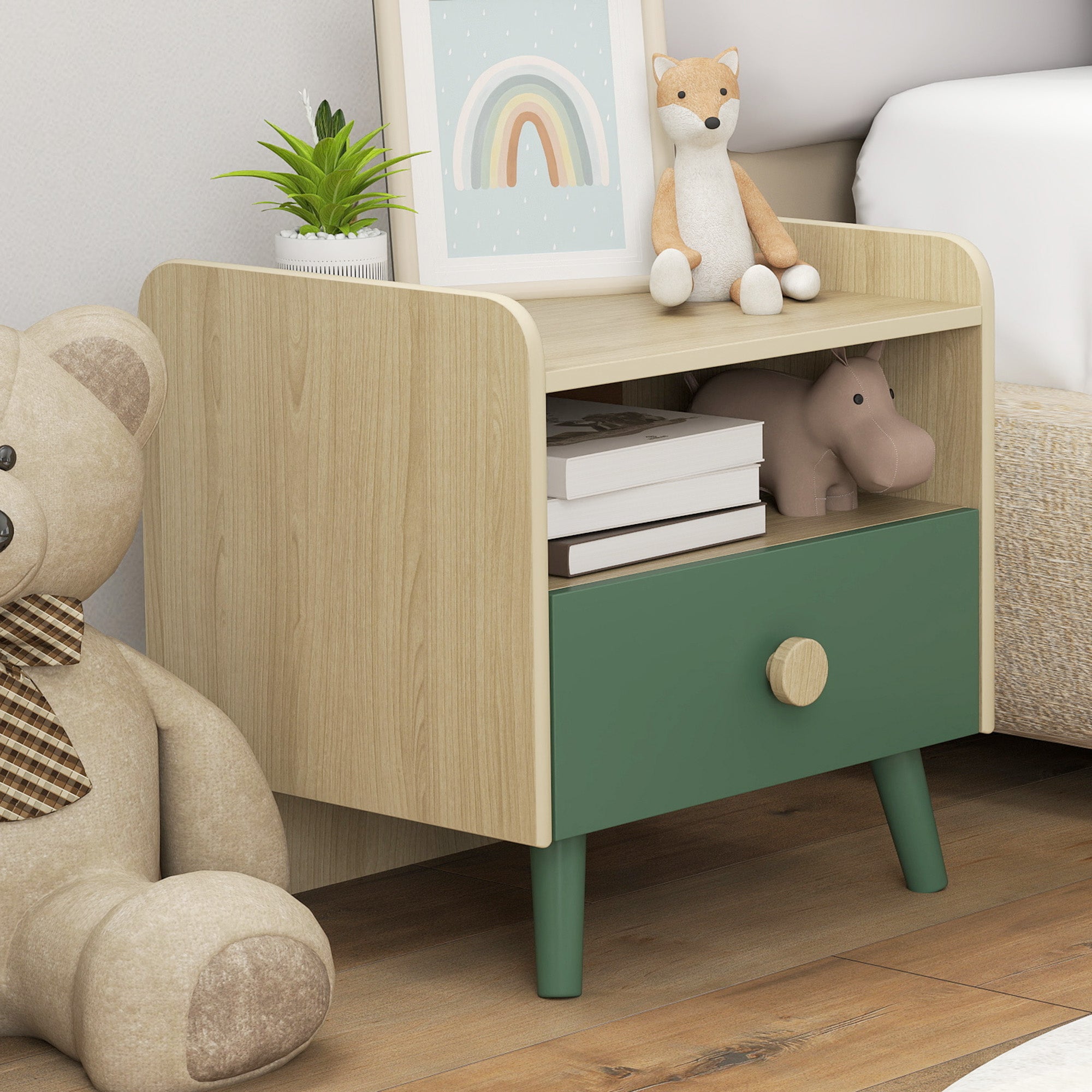 Kids Bedside Table Child Nightstand with Drawer and Storage Shelf, Small Wooden Side Table for Children's Room, 40L x 32.5W x 40H cm, Green