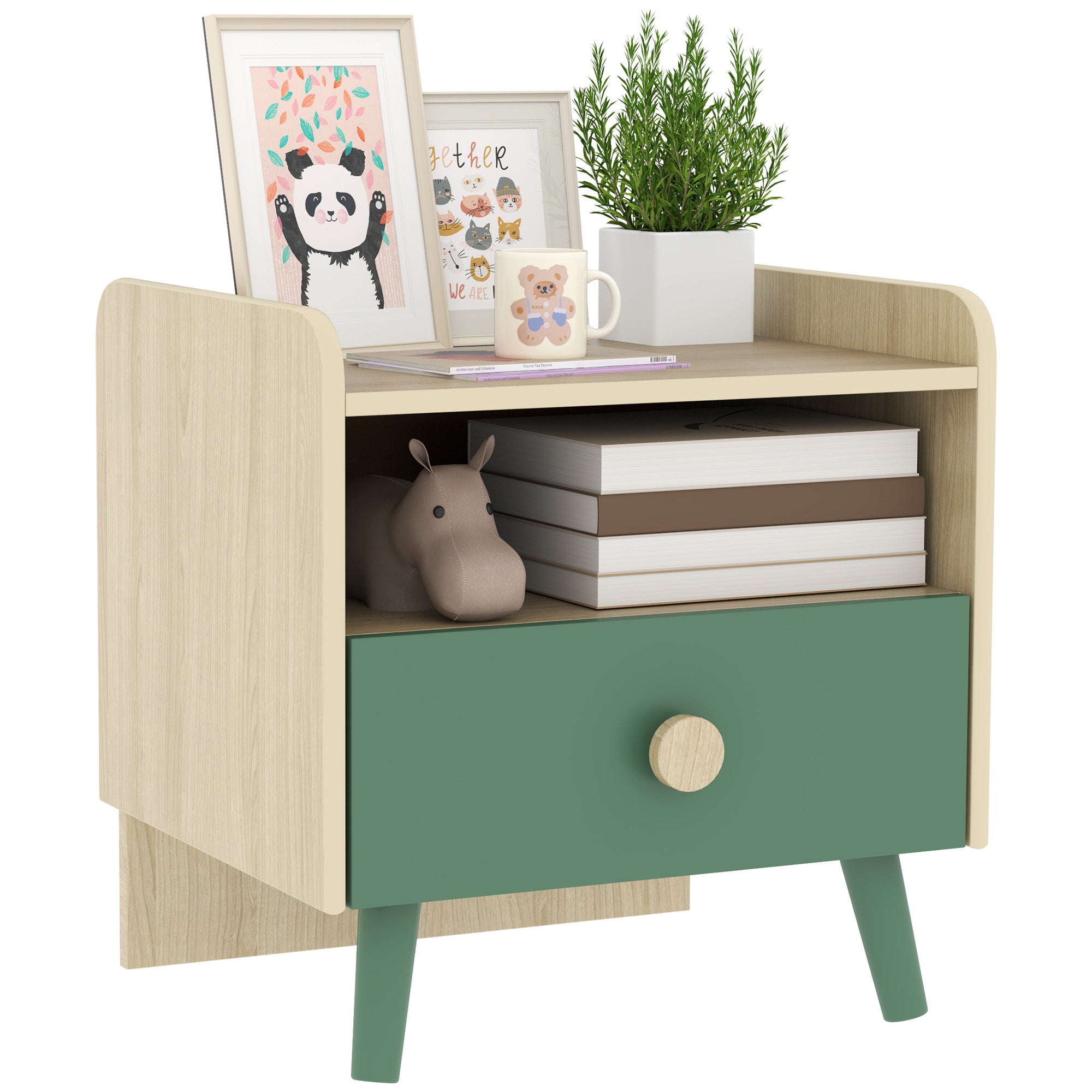 Kids Bedside Table Child Nightstand with Drawer and Storage Shelf, Small Wooden Side Table for Children's Room, 40L x 32.5W x 40H cm, Green