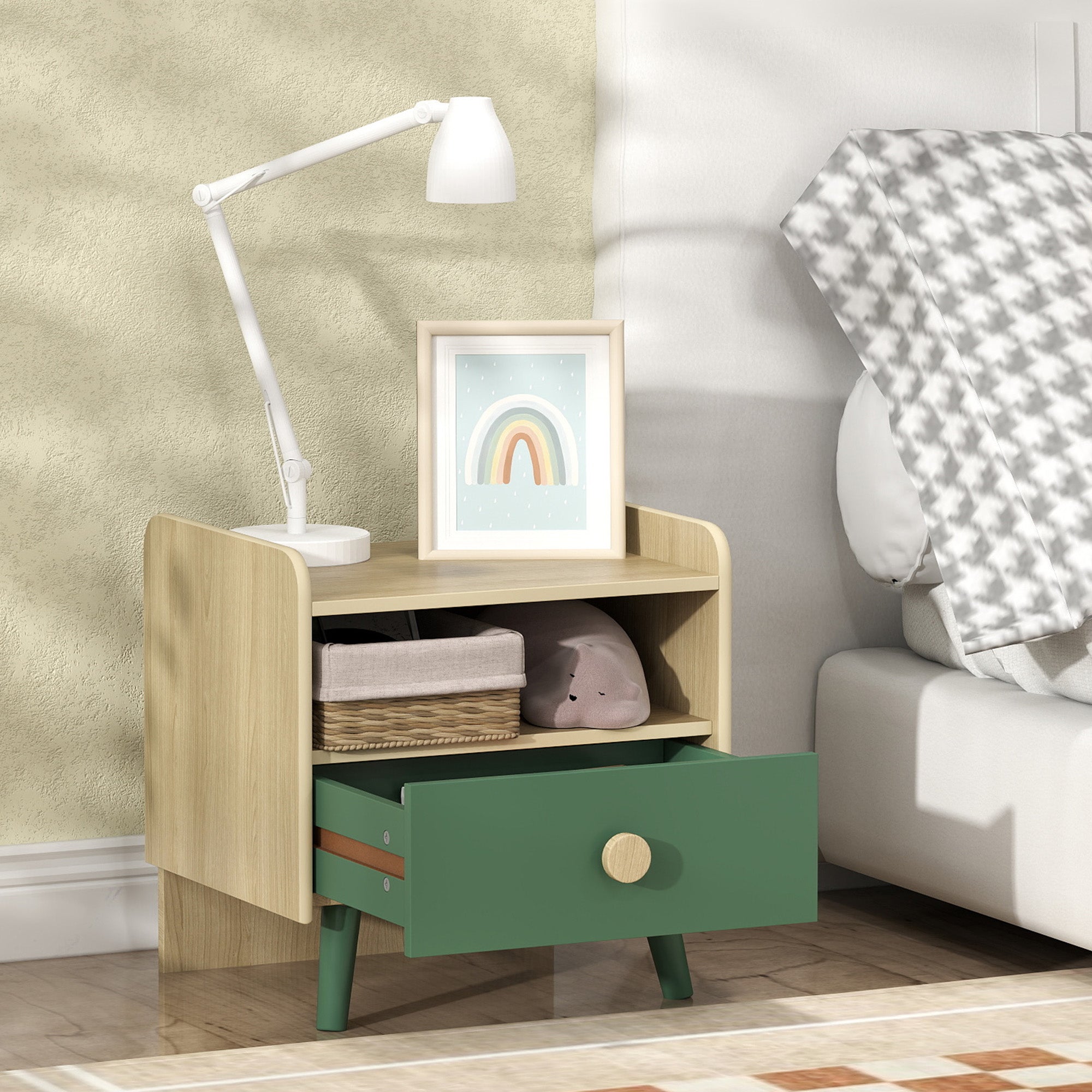 Kids Bedside Table Child Nightstand with Drawer and Storage Shelf, Small Wooden Side Table for Children's Room, 40L x 32.5W x 40H cm, Green