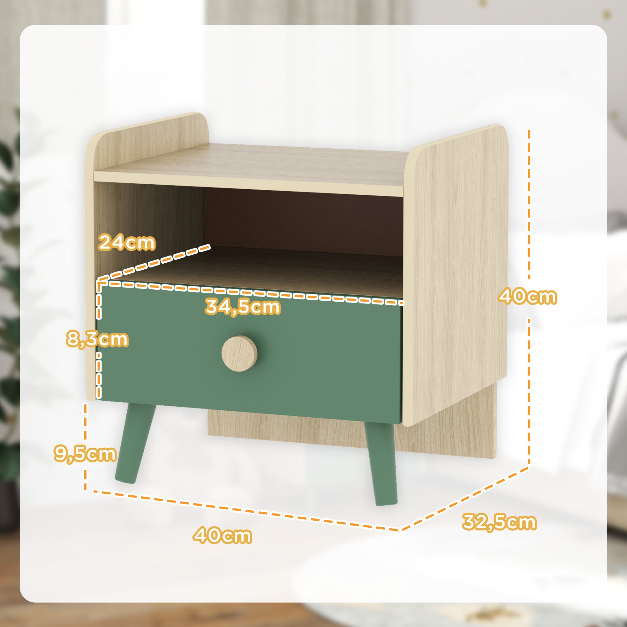 Kids Bedside Table Child Nightstand with Drawer and Storage Shelf, Small Wooden Side Table for Children's Room, 40L x 32.5W x 40H cm, Green
