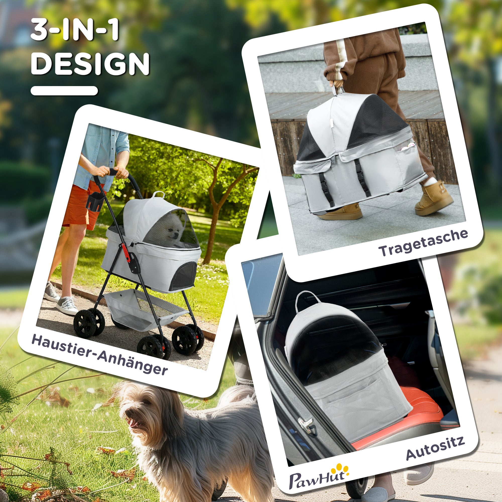 Dog Stroller 3 in 1 Dog Buggy Foldable for Dogs & Cats up to 4 kg Cat Stroller with Cushion Mesh Windows Cup Holder Storage Basket Cat Wagon Buggy Light Gray