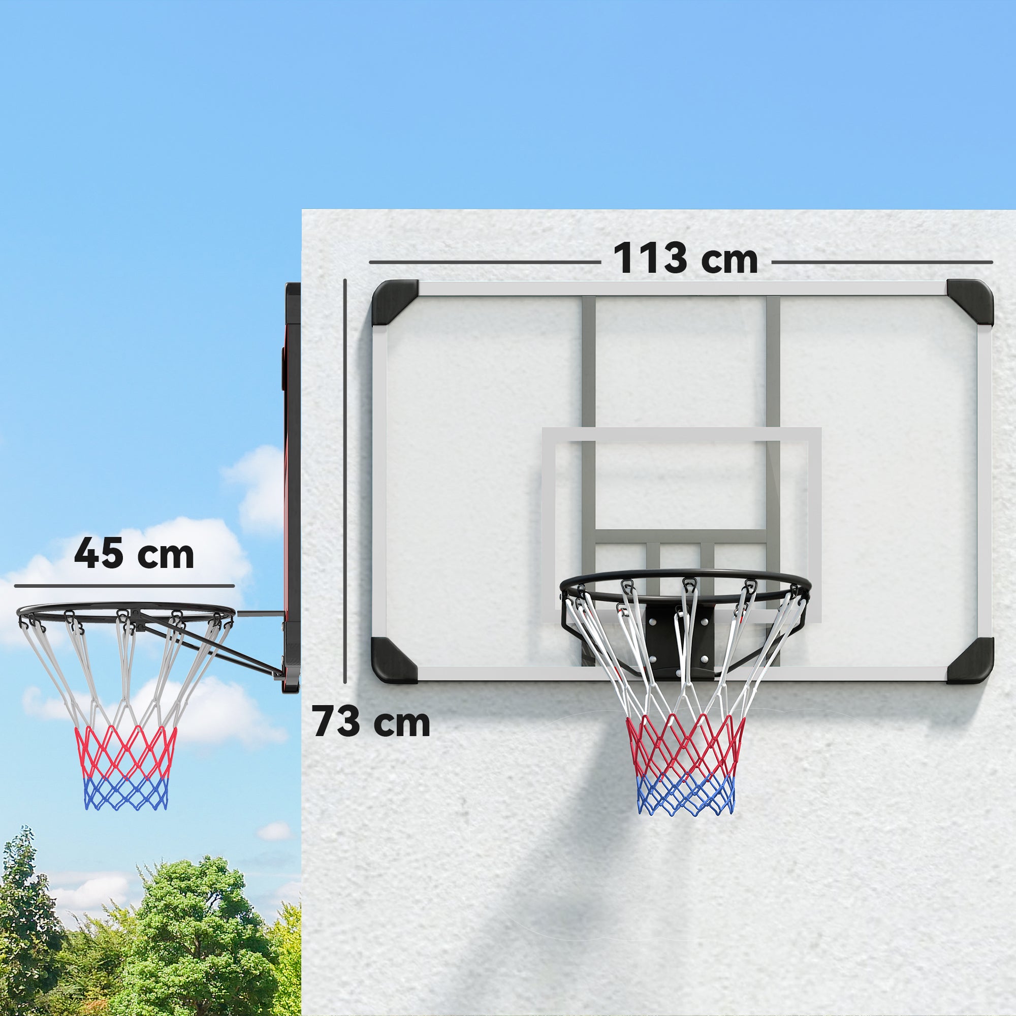 SPORTNOW Basketball Hoop with Backboard, Outdoor Basketball Rim with Ø45 cm Steel Hoop and Net, Wall Mount, Basketball Board for Kids Teens Adults, White