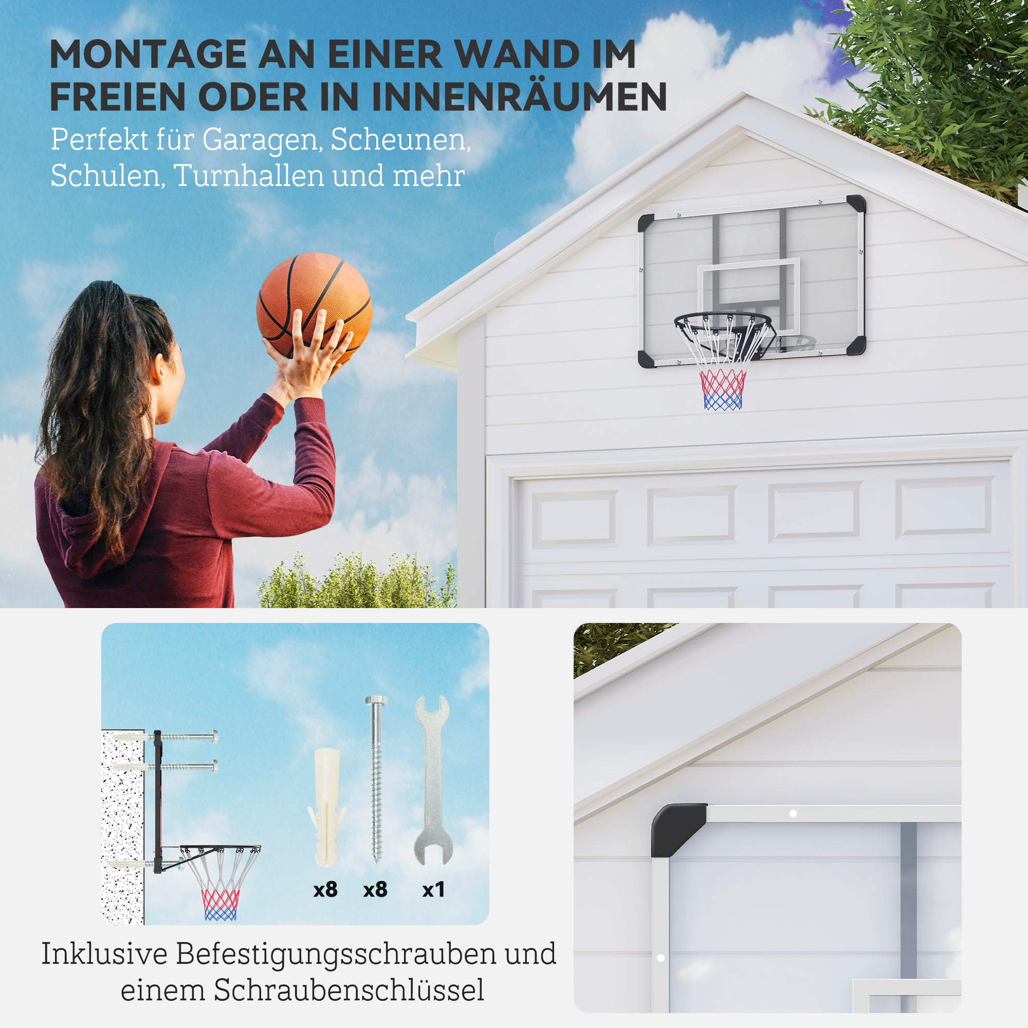 SPORTNOW Basketball Hoop with Backboard, Outdoor Basketball Rim with Ø45 cm Steel Hoop and Net, Wall Mount, Basketball Board for Kids Teens Adults, White