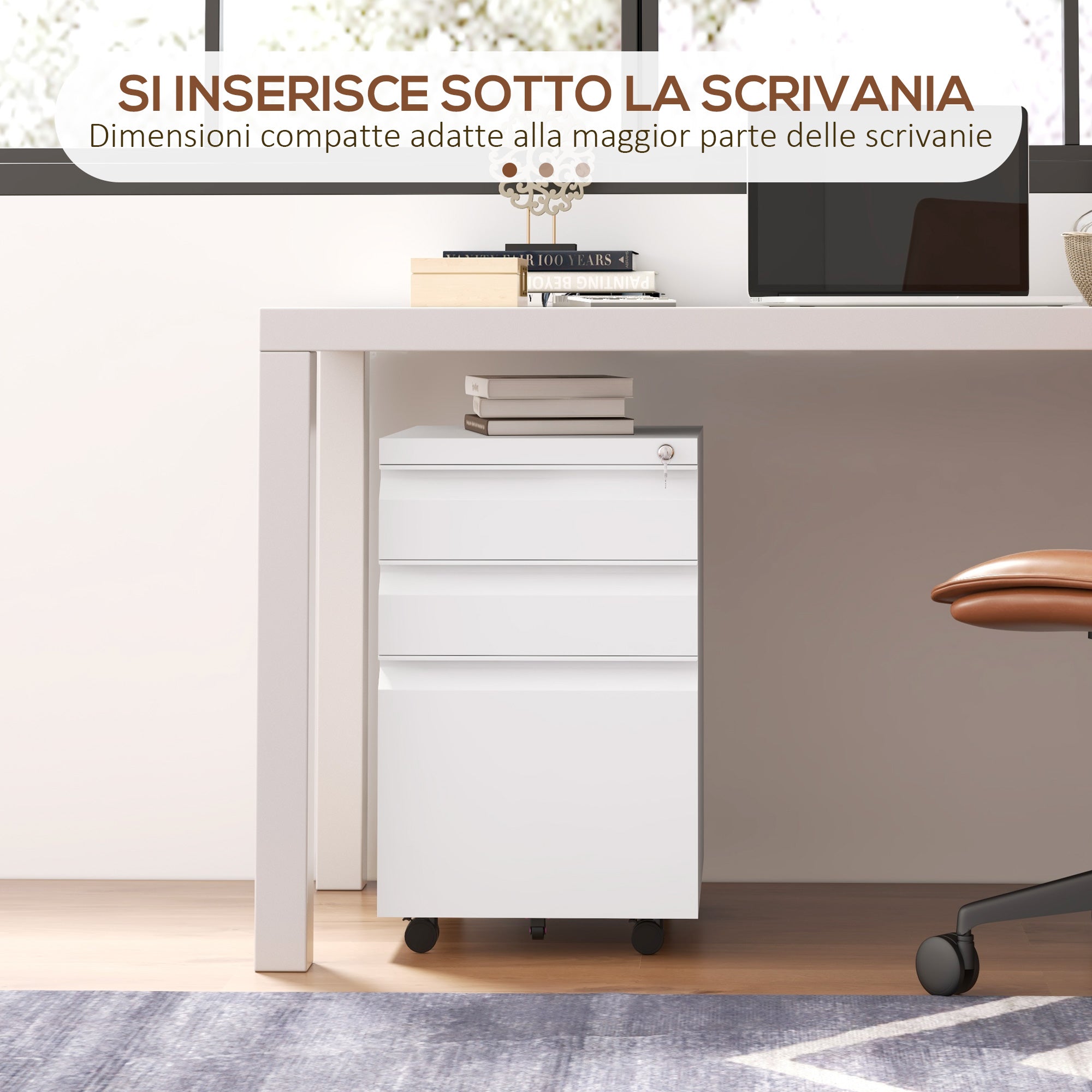 Office Cabinet with 3 Drawers, Adjustable Bar and Tray, 5-Wheel File Cabinet in Steel, 37x43.5x60 cm, White