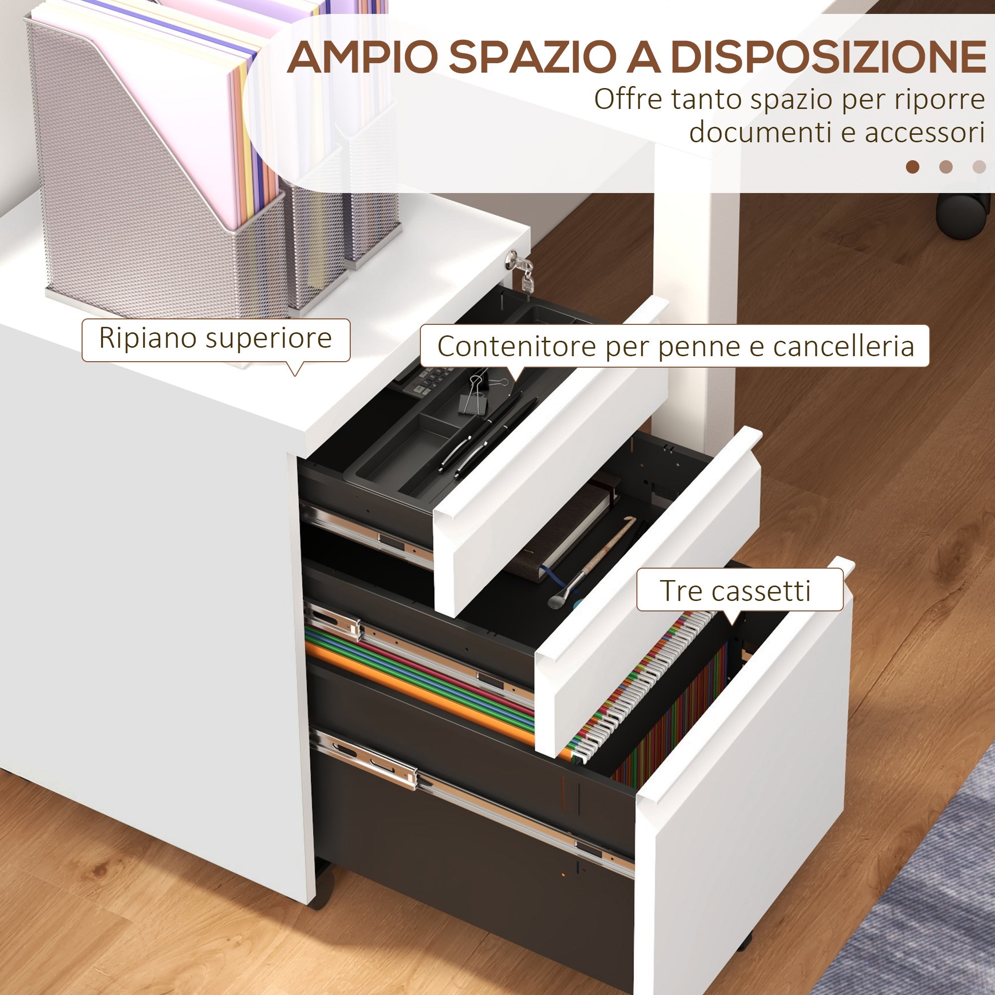 Office Cabinet with 3 Drawers, Adjustable Bar and Tray, 5-Wheel File Cabinet in Steel, 37x43.5x60 cm, White