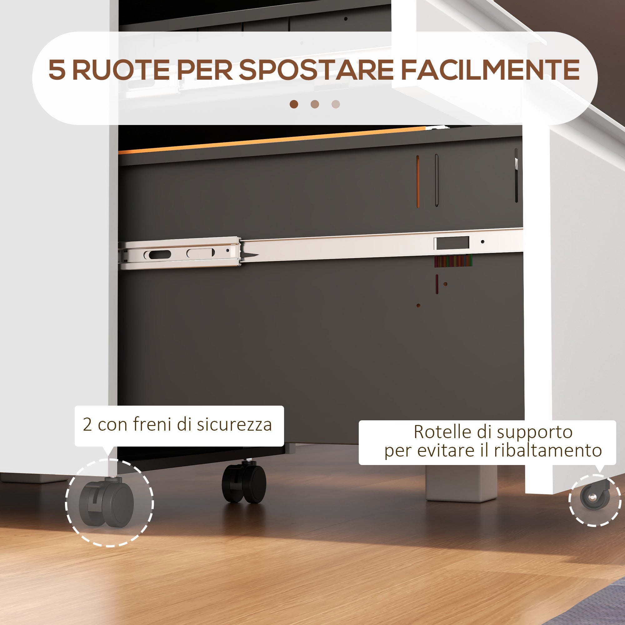 Office Cabinet with 3 Drawers, Adjustable Bar and Tray, 5-Wheel File Cabinet in Steel, 37x43.5x60 cm, White