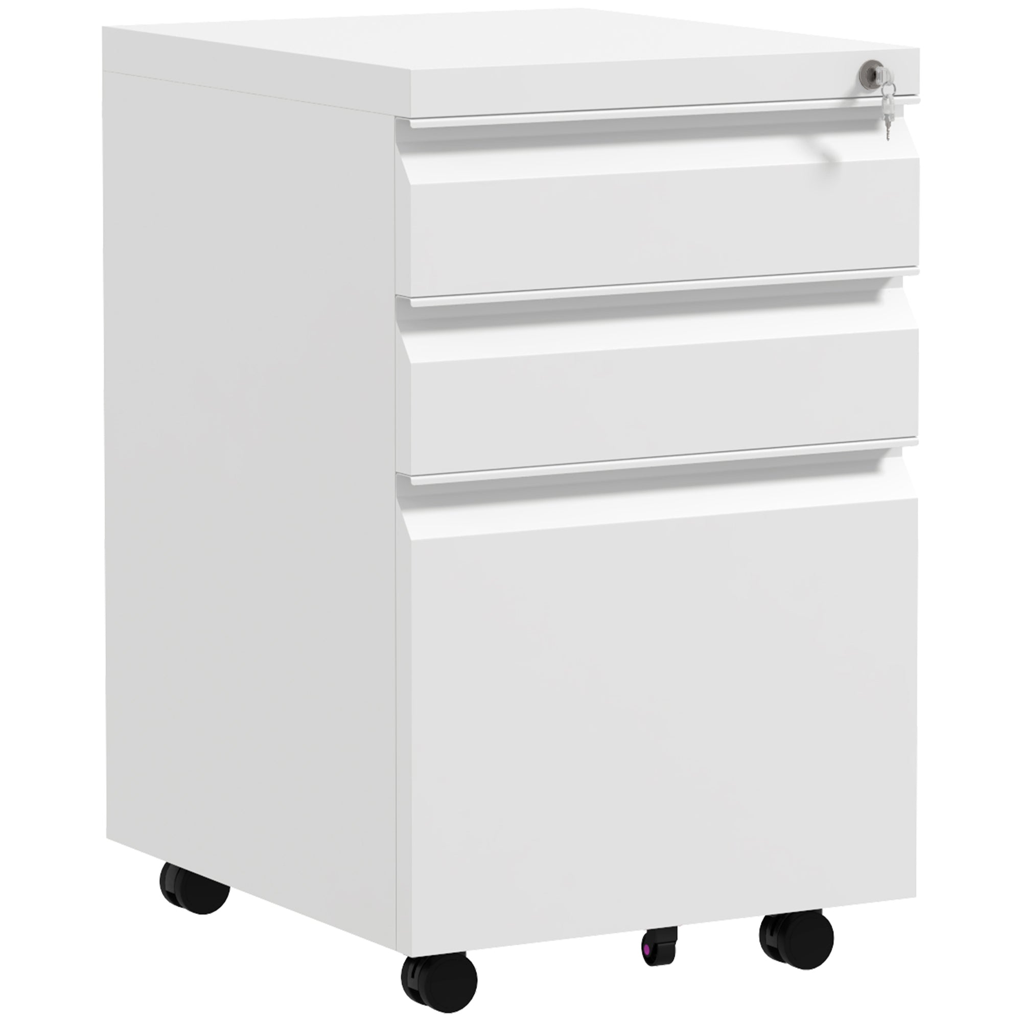 Office Cabinet with 3 Drawers, Adjustable Bar and Tray, 5-Wheel File Cabinet in Steel, 37x43.5x60 cm, White