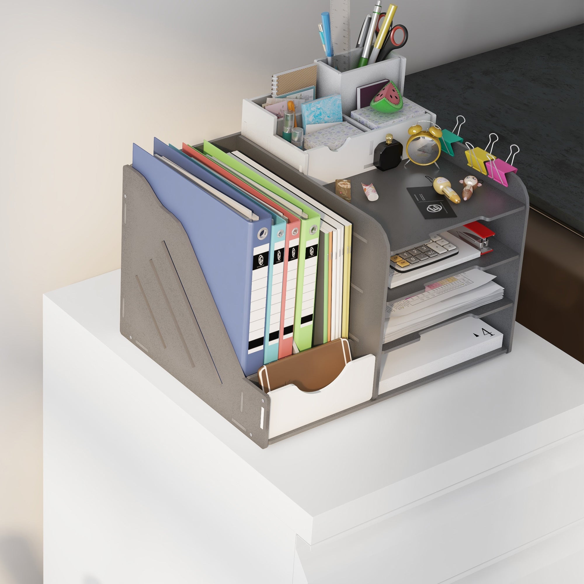 Office Cabinet with 3 Drawers, Adjustable Bar and Tray, 5-Wheel File Cabinet in Steel, 37x43.5x60 cm, White