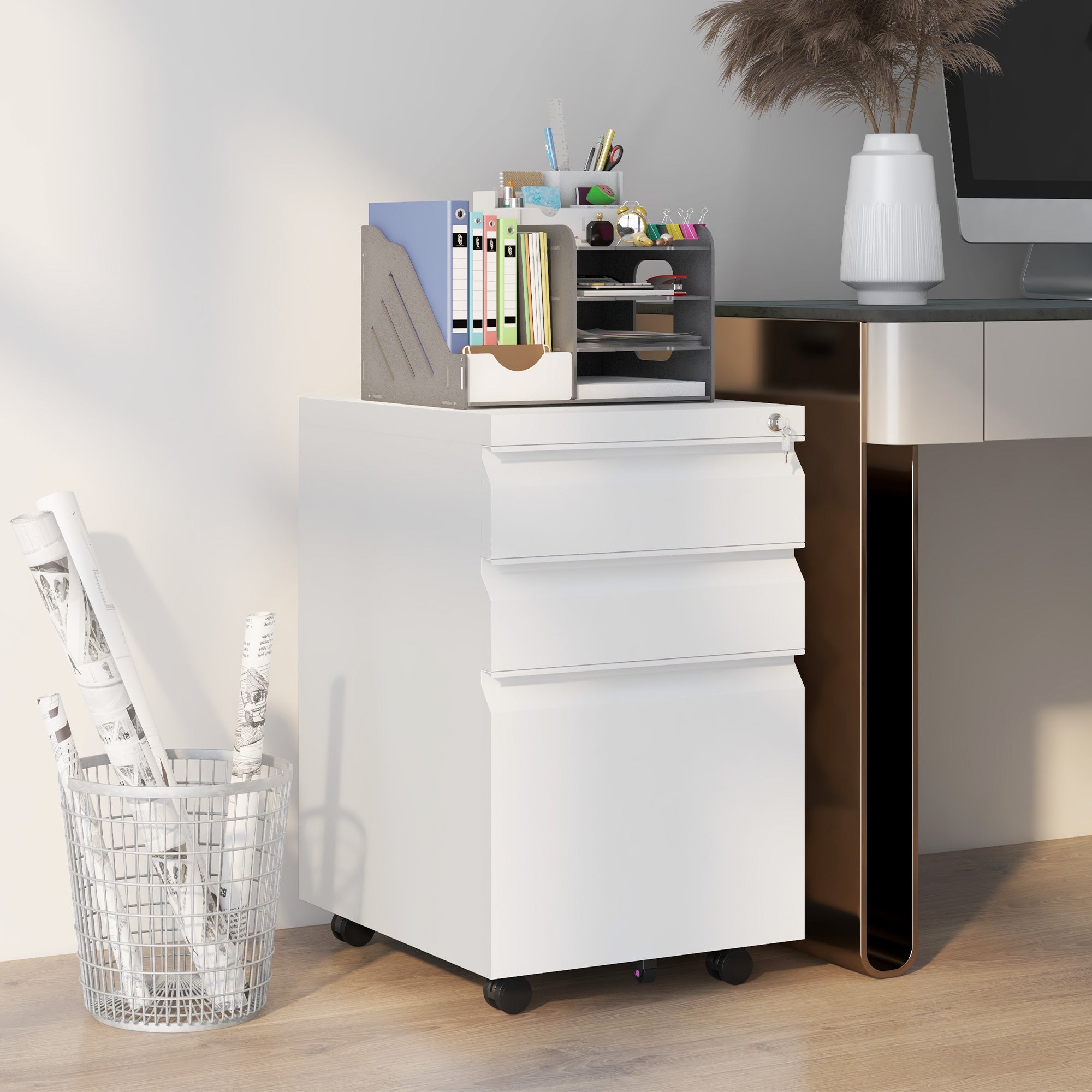 Office Cabinet with 3 Drawers, Adjustable Bar and Tray, 5-Wheel File Cabinet in Steel, 37x43.5x60 cm, White