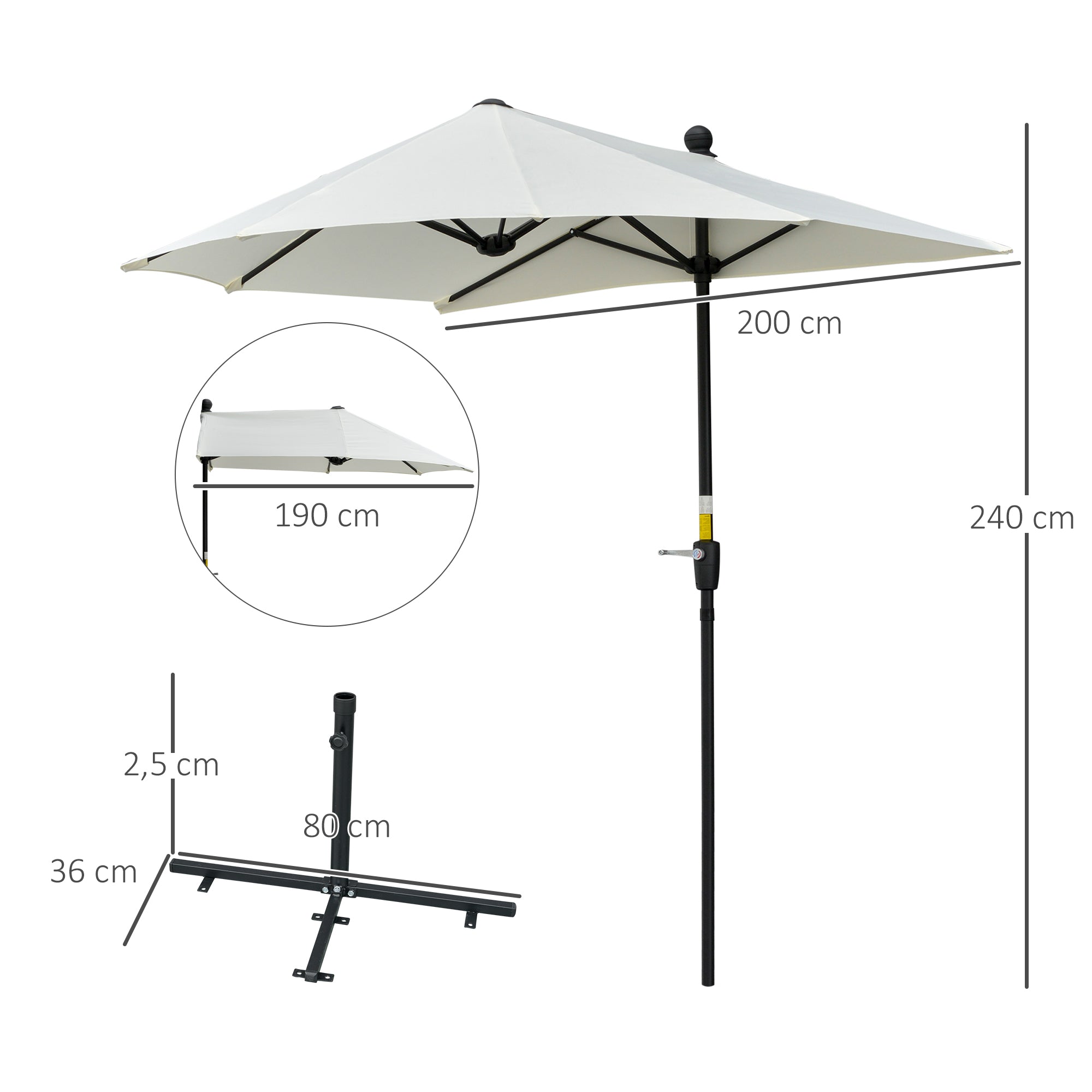 Garden Wall Umbrella 200x190x240 cm Patio Parasol with Crank Steel Pole and Cross Base Anti-UV for Terrace Balcony Cream