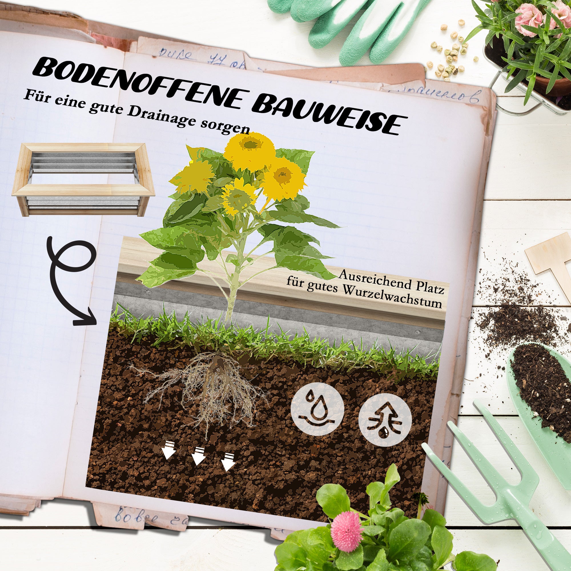 Metal Raised Bed, Flower Planter Box with Wooden Frame, Vegetable Bed, Herb Bed for Garden, Balcony, Natural, 90 x 45 x 30 cm