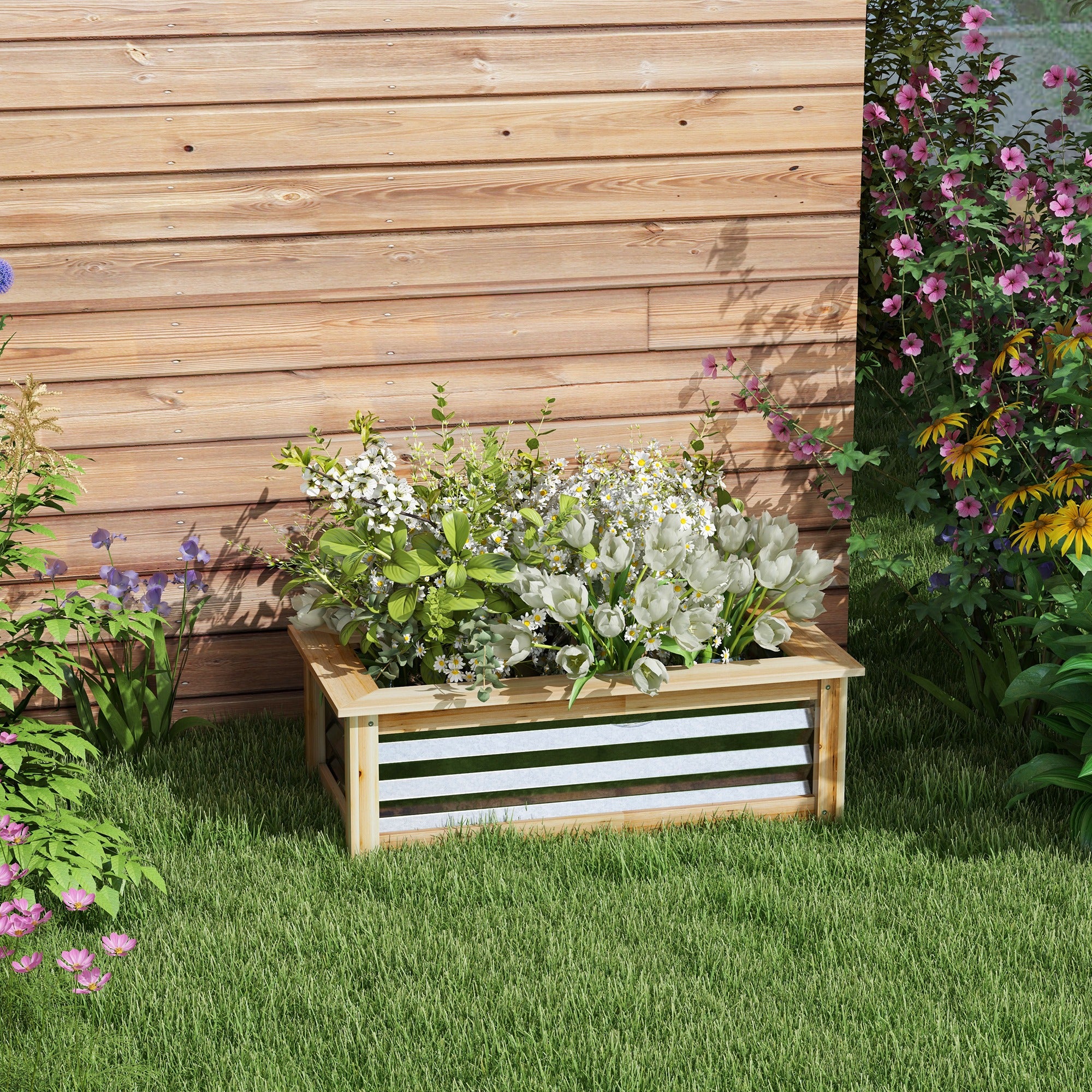 Metal Raised Bed, Flower Planter Box with Wooden Frame, Vegetable Bed, Herb Bed for Garden, Balcony, Natural, 90 x 45 x 30 cm