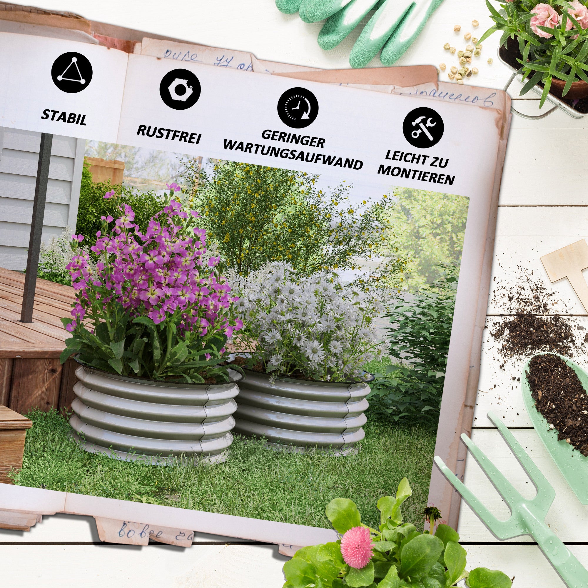Raised Bed Set of 2 Metal Flower Boxes, Herb Bed, Plant Box with Open Bottom, Vegetable Bed for Garden, Balcony, Silver, 60 x 60 x 30 cm