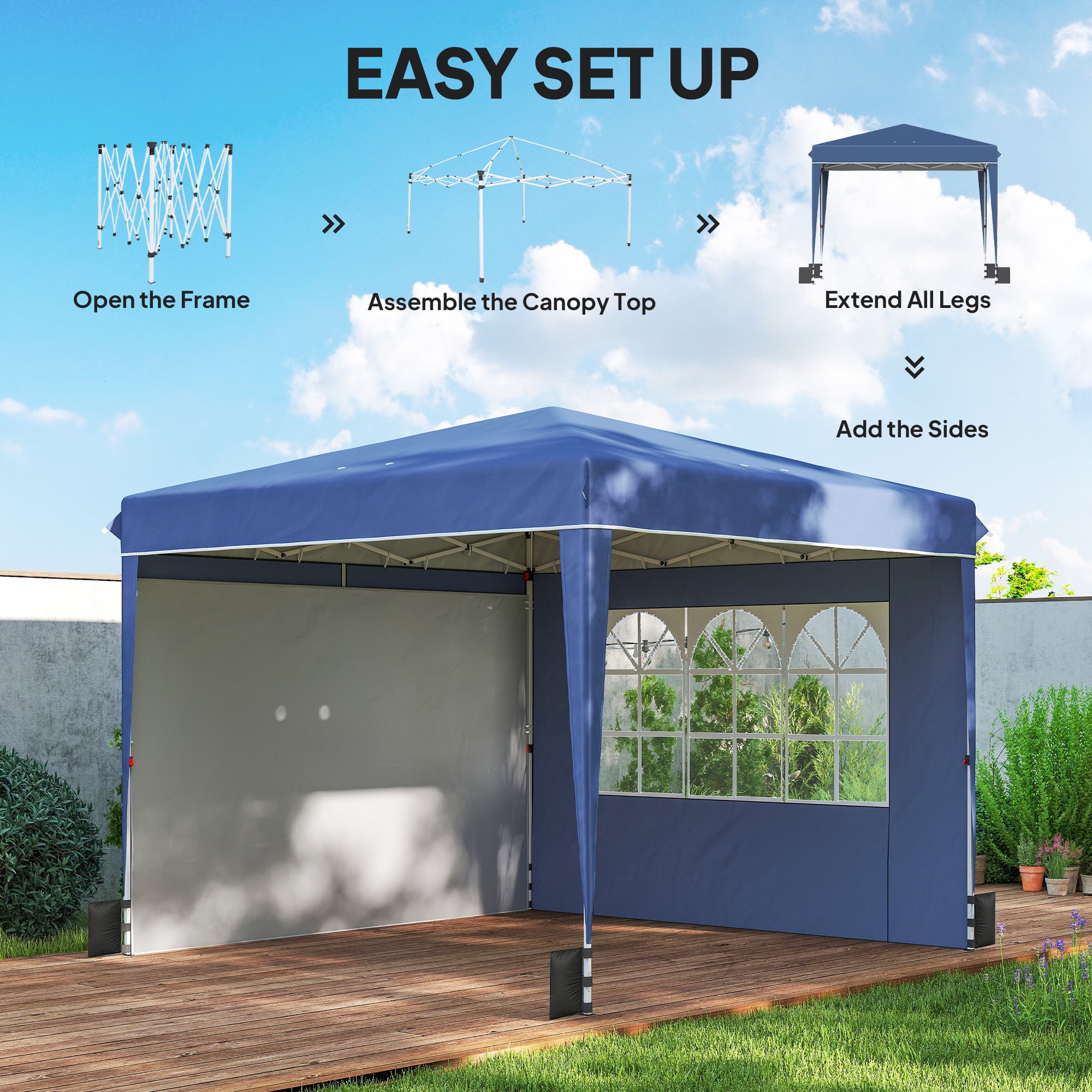 3 x 3 m (10'x10') Waterproof Pop-Up Canopy, Adjustable Height, 2 Removable Sidewalls, UV50+, Foldable Party Tent with Carry Bag & Sandbags — Dark Blue