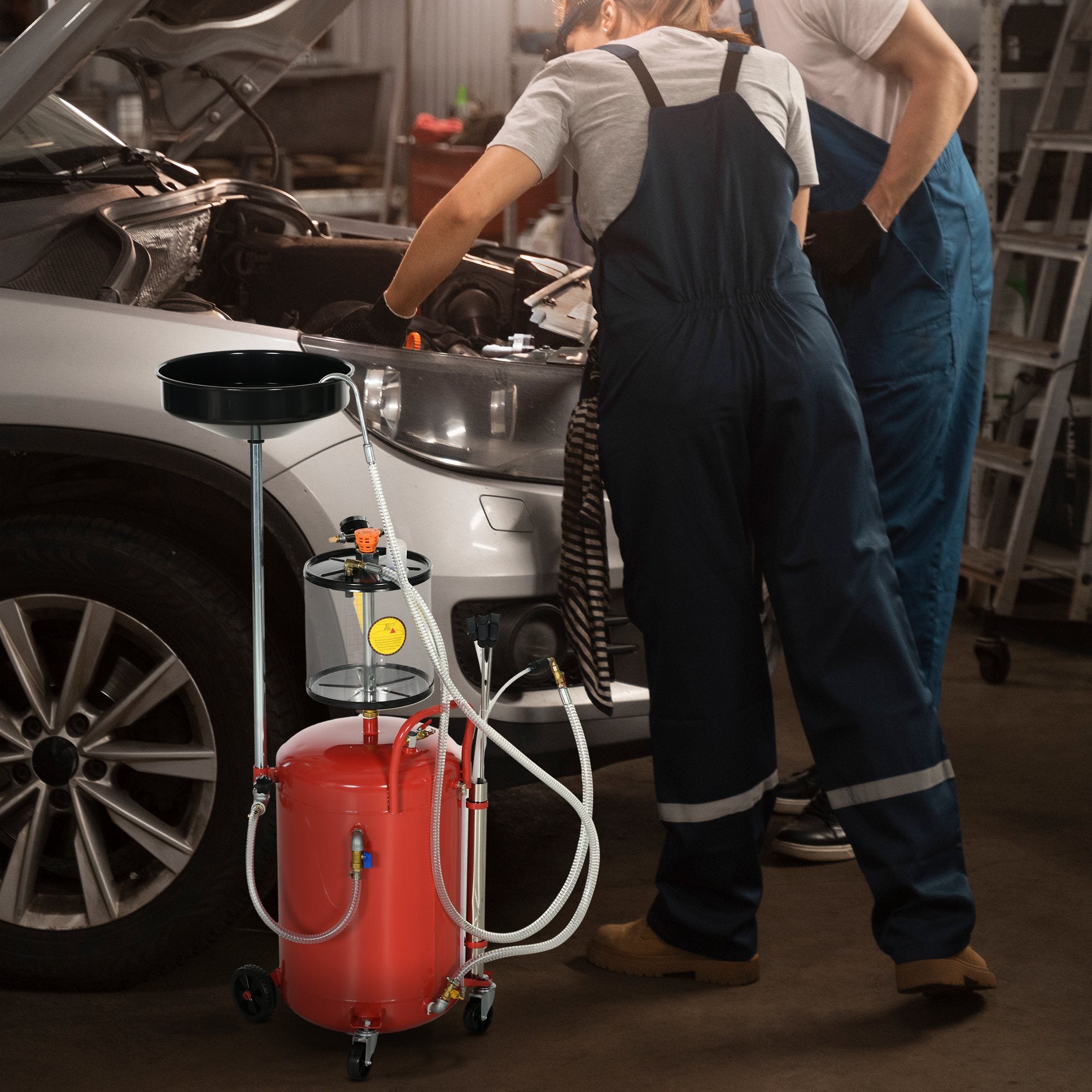 Portable 2-in-1 Adjustable Height Used Oil Drainer and 80L Pneumatic Oil Drainer, Equipped with Wheels in Red Color