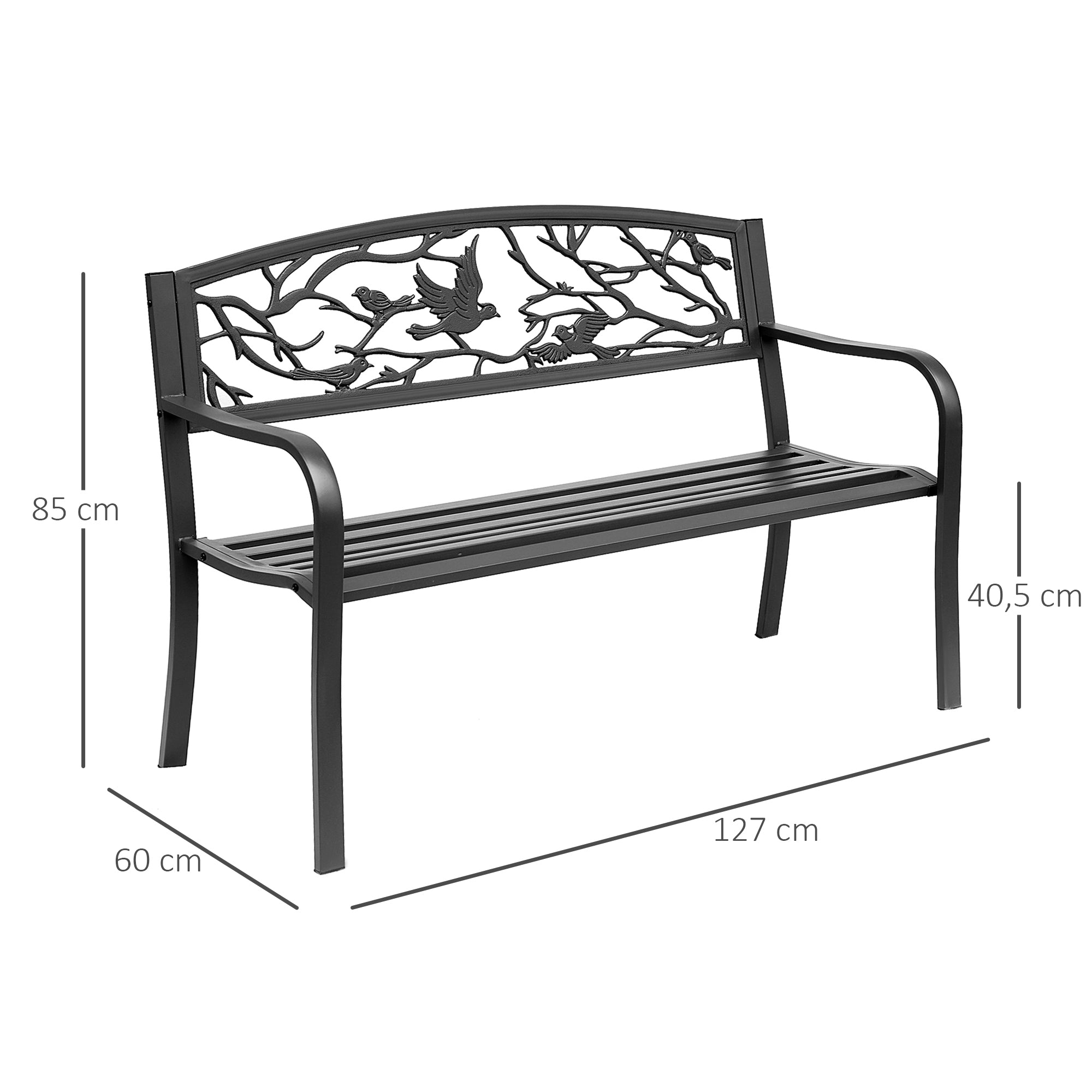 3-Seater Garden Bench Outdoor Garden Style Rural Chic for balcony terrace patio 127 x 60 x 85 cm sturdy anti-corrosion epoxy-coated metal Black
