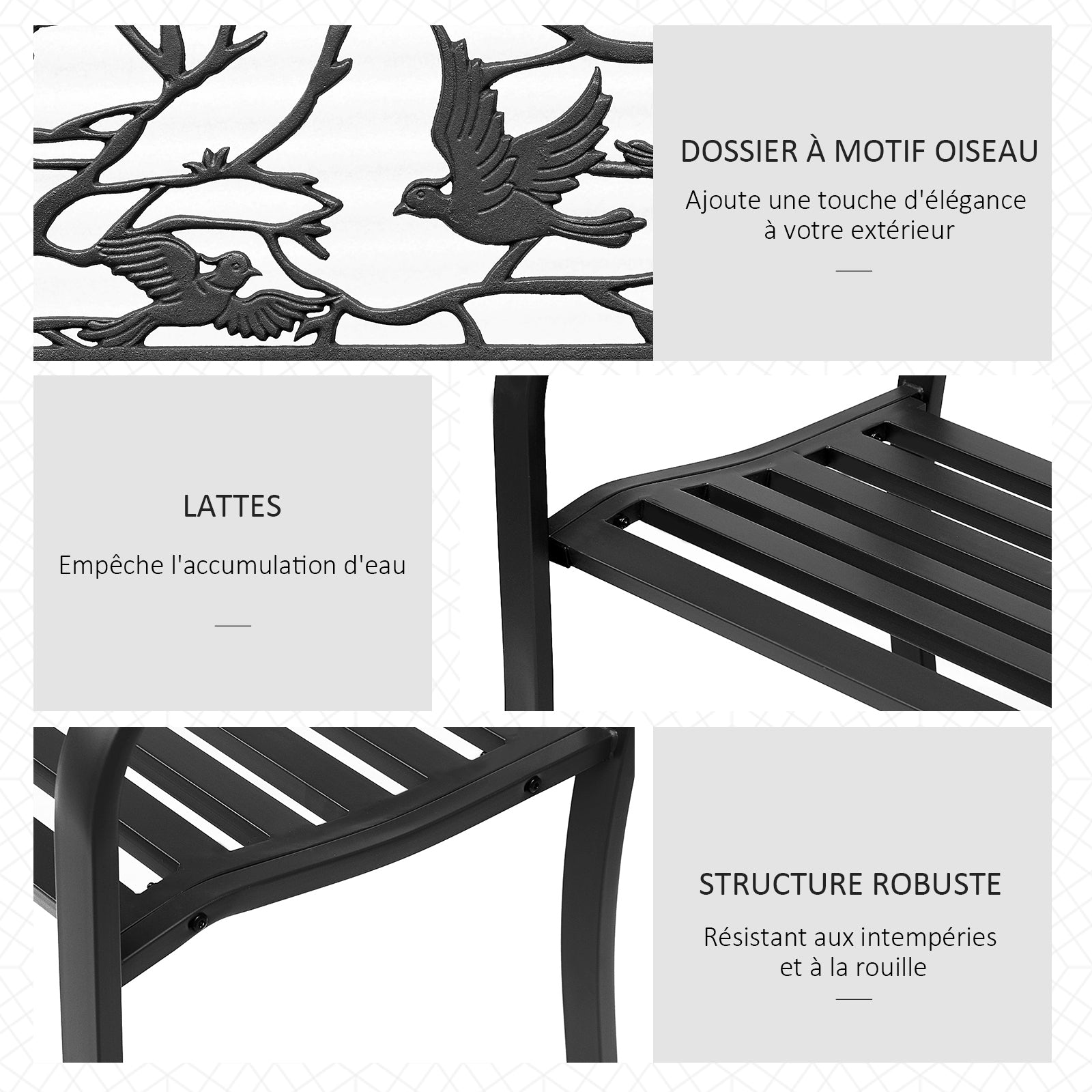 3-Seater Garden Bench Outdoor Garden Style Rural Chic for balcony terrace patio 127 x 60 x 85 cm sturdy anti-corrosion epoxy-coated metal Black