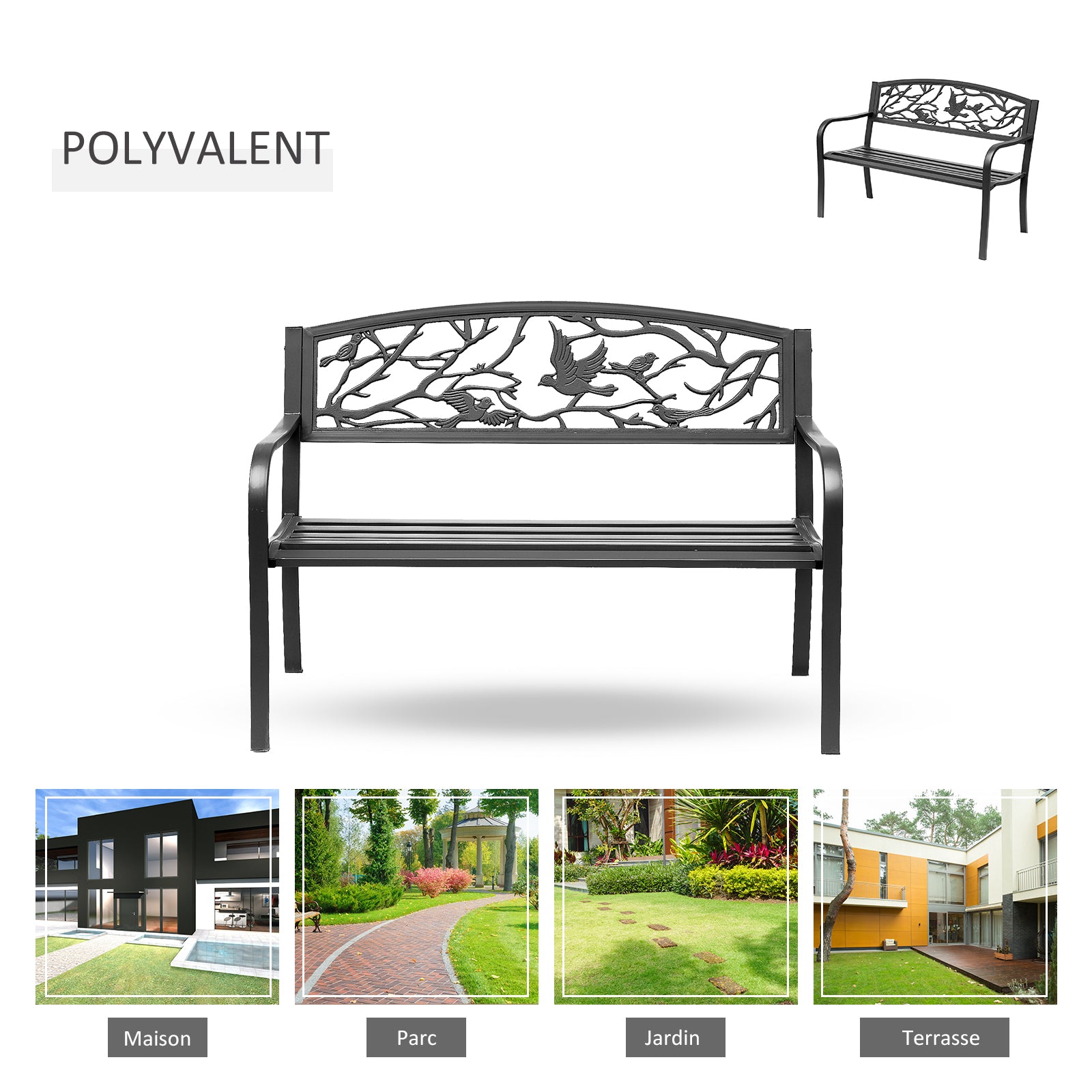 3-Seater Garden Bench Outdoor Garden Style Rural Chic for balcony terrace patio 127 x 60 x 85 cm sturdy anti-corrosion epoxy-coated metal Black