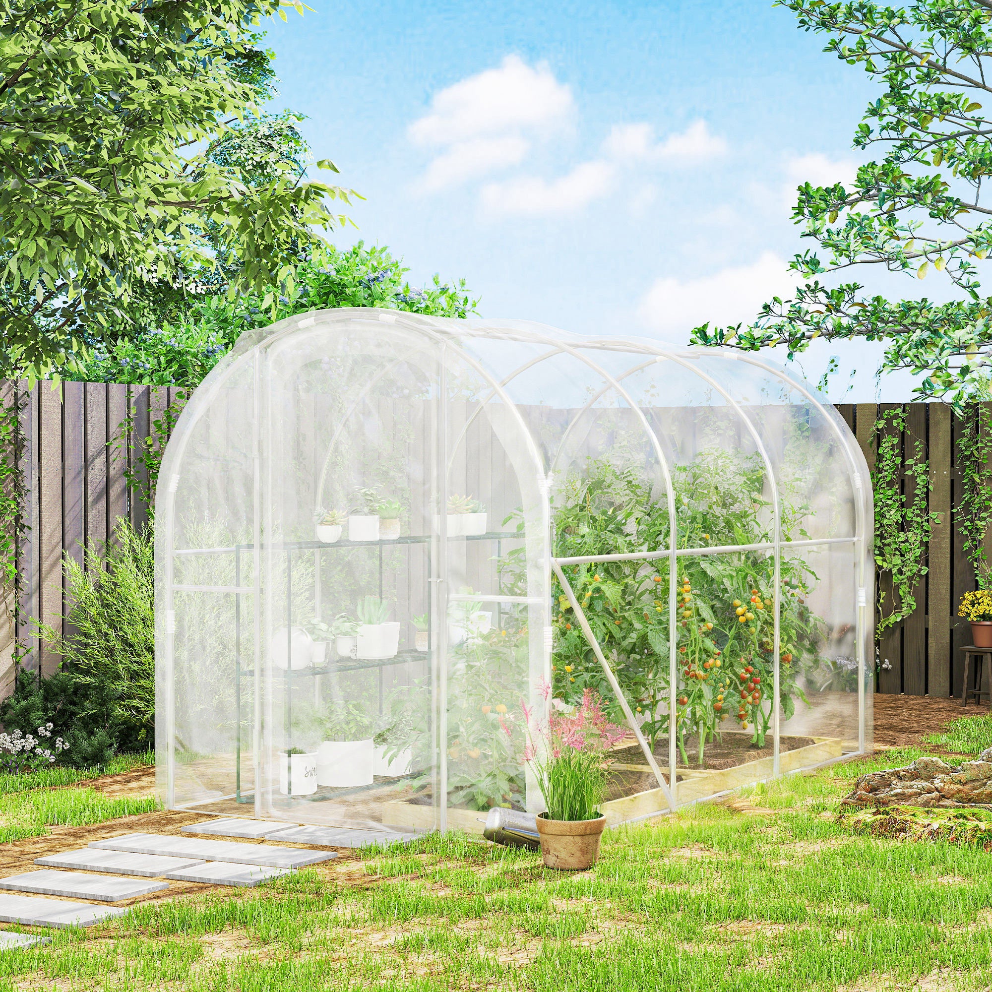 Tunnel Greenhouse 3 x 2 x 1.95 m (9.8 x 6.6 x 6.4 ft), 6 m² (64.6 sq ft), 150 g/m² UV PE Cover with Hinged Door — For Vegetables, Plants & Flowers