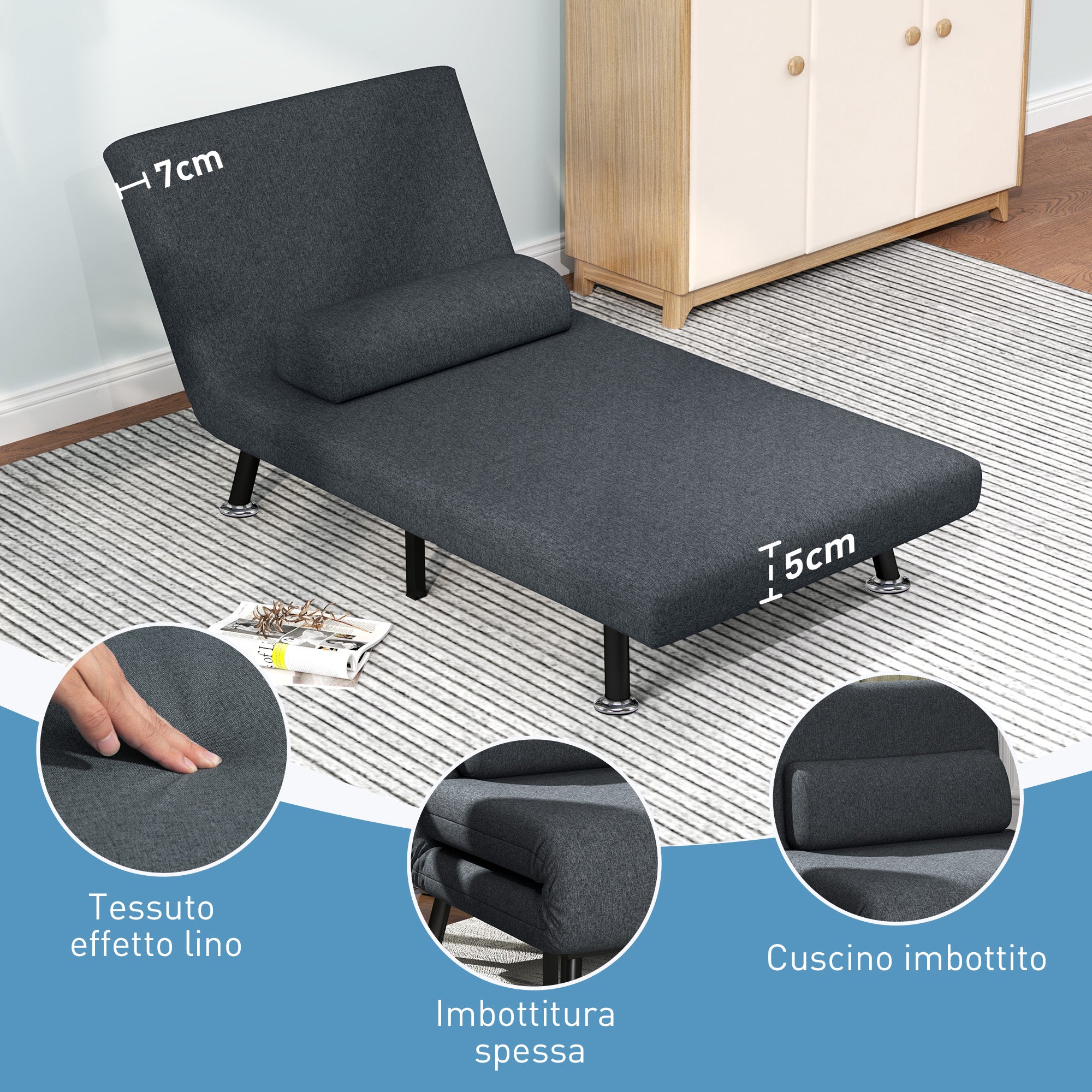 Single 3 in 1 Sleeper Armchair with 5-Level Reclining Back, Padded Cushion and Mattress, Folding Single Sofa Bed for Living Room, in Steel, Linen, 75x70x75cm, Dark Grey