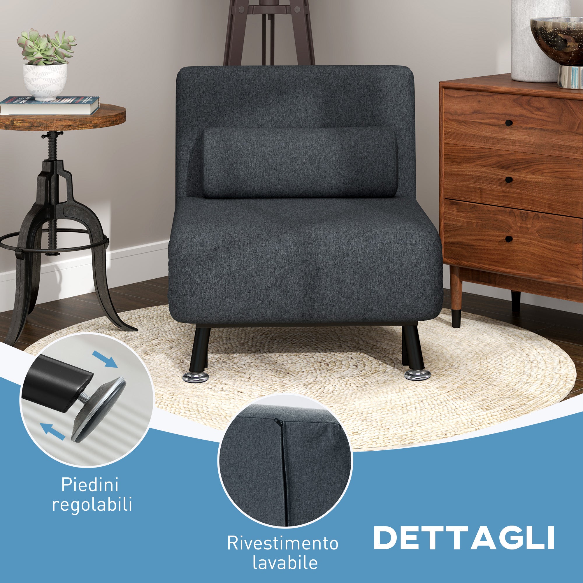 Single 3 in 1 Sleeper Armchair with 5-Level Reclining Back, Padded Cushion and Mattress, Folding Single Sofa Bed for Living Room, in Steel, Linen, 75x70x75cm, Dark Grey