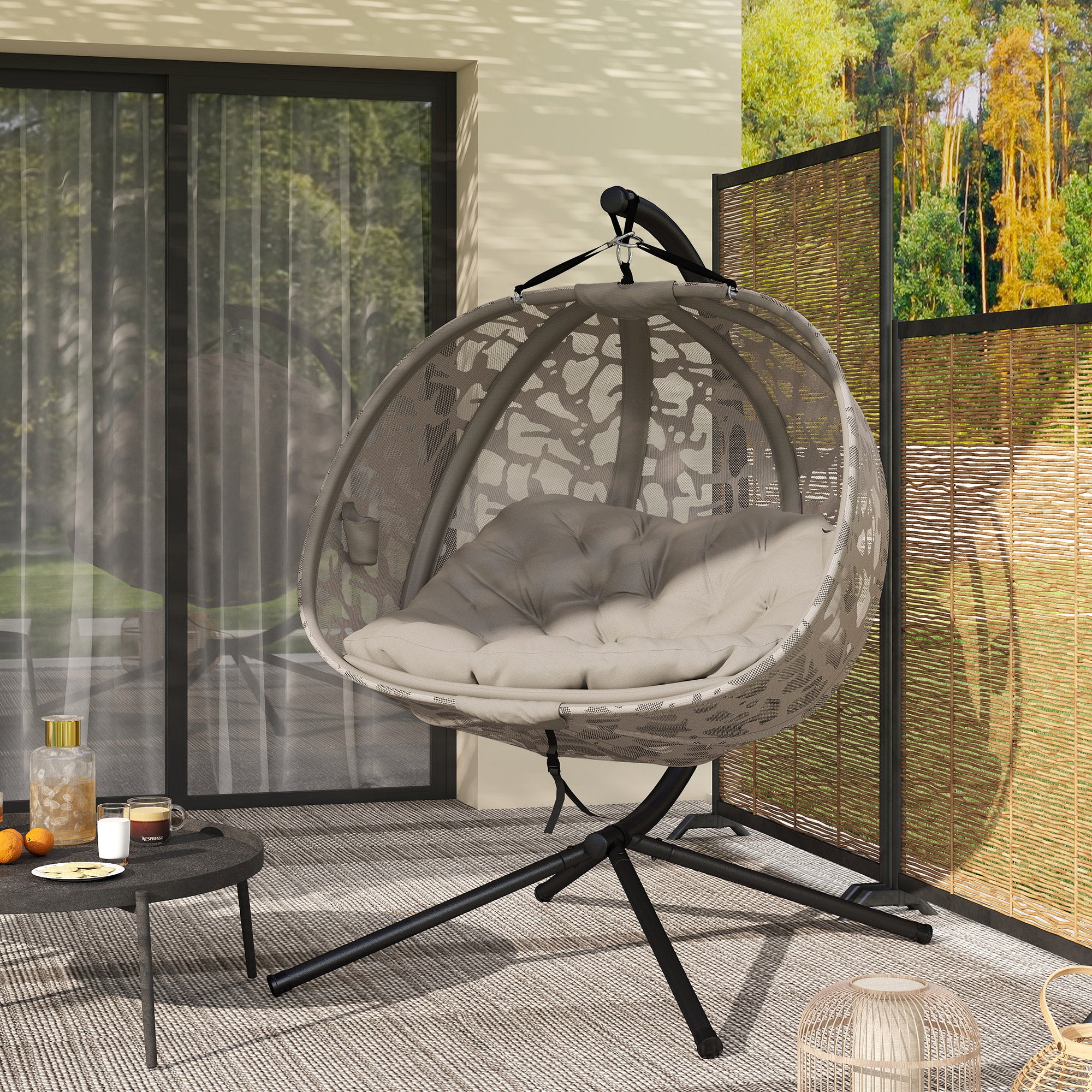 Hanging Chair, 2 Seater Swing Chair with Cushion, Hanging Swing with Foldable Seat Basket, Side Pockets for Indoor, Outdoor, Up to 240 kg Capacity, Polyester+Steel, Sand