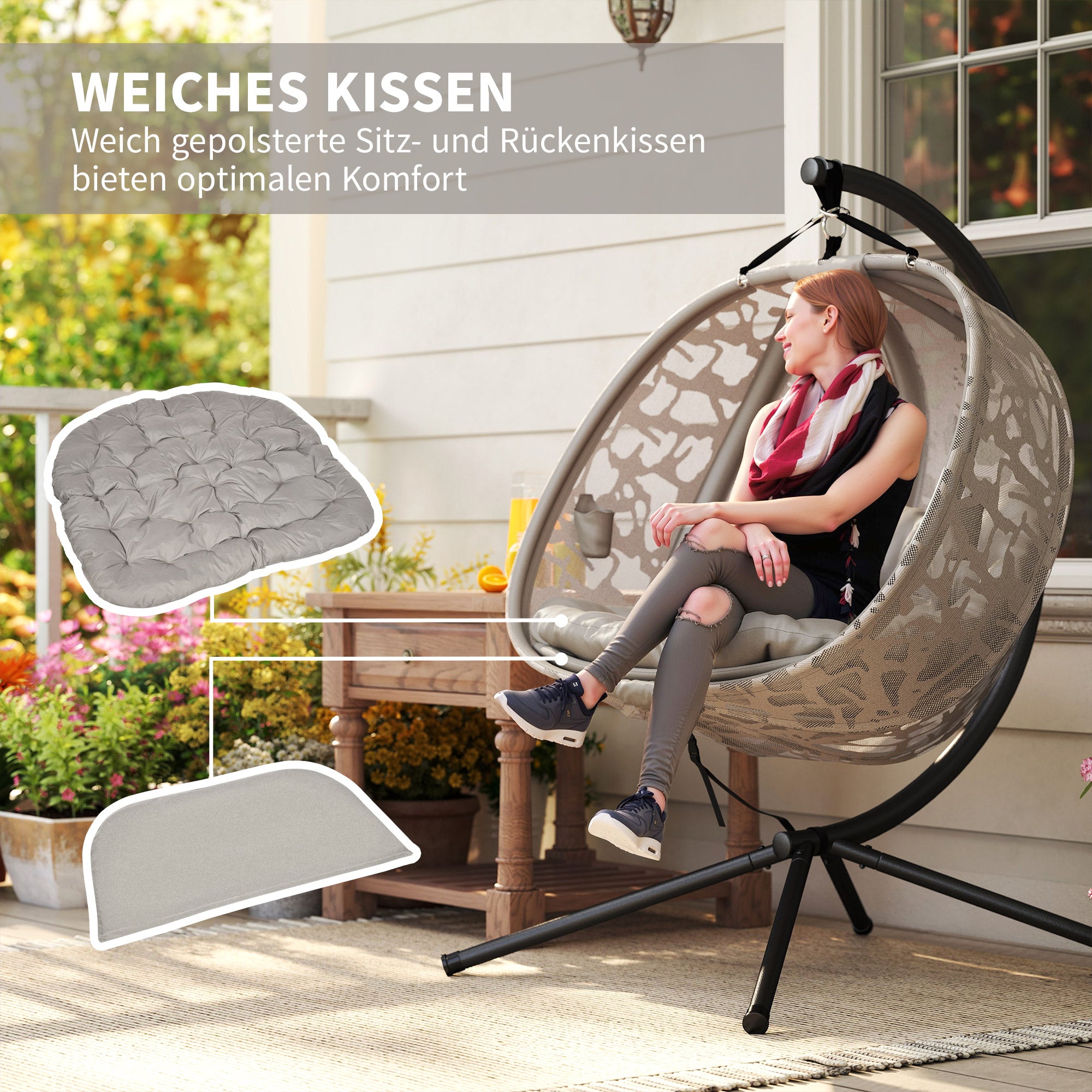 Hanging Chair, 2 Seater Swing Chair with Cushion, Hanging Swing with Foldable Seat Basket, Side Pockets for Indoor, Outdoor, Up to 240 kg Capacity, Polyester+Steel, Sand