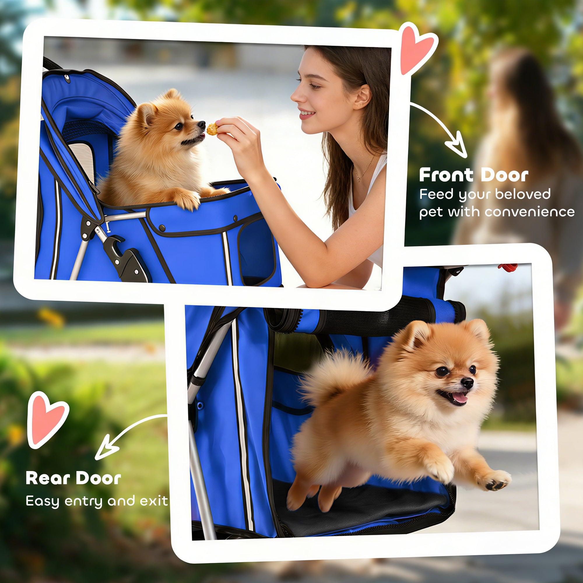 Foldable Dog Stroller — Rain Cover, Reflective Strips, 360° Swivel Wheels, Brakes, Washable Cushion — Blue