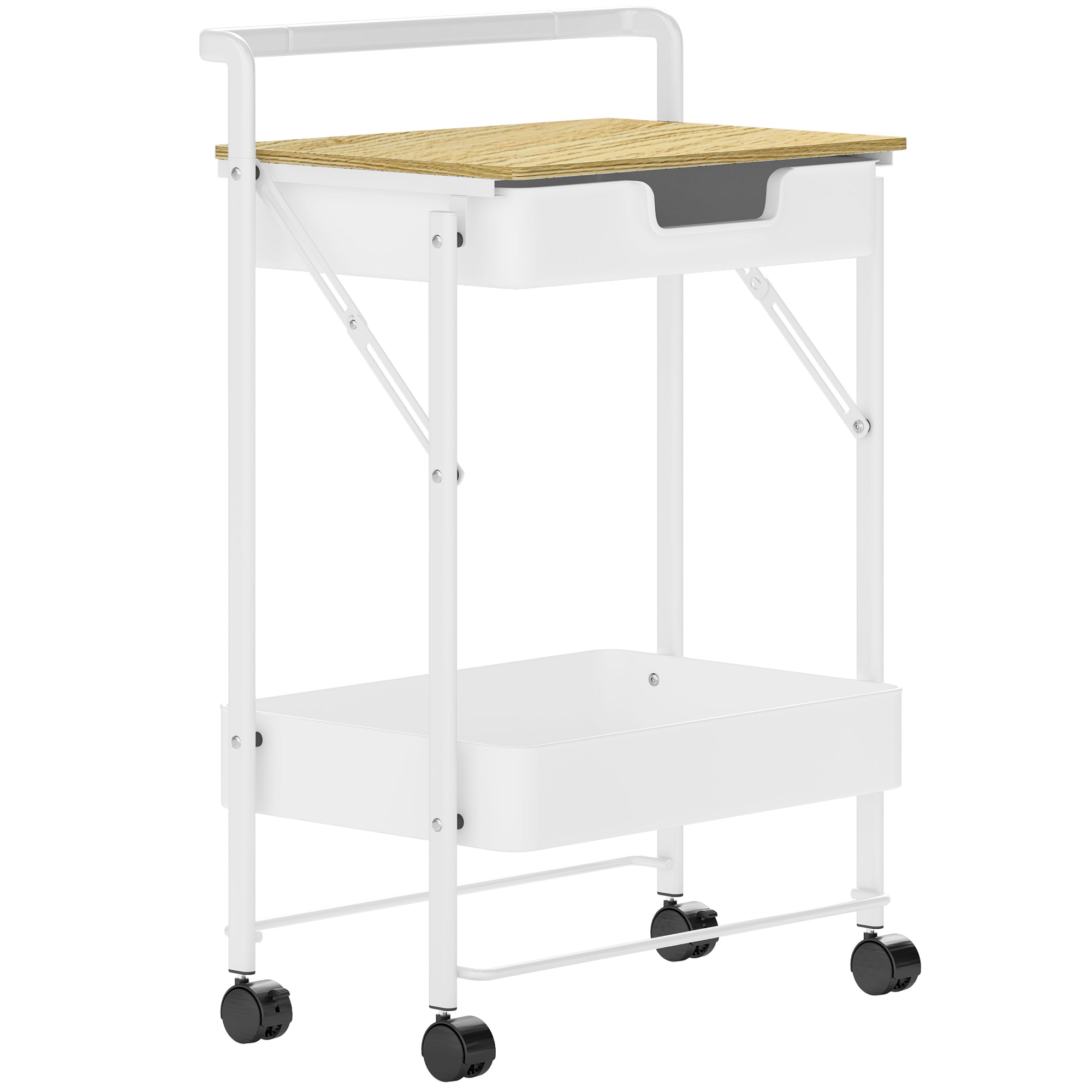 2-Tier Rolling Utility Cart with 1 Drawer and 1 Basket Kitchen Cart Organizer for Bedroom Living Room Office White