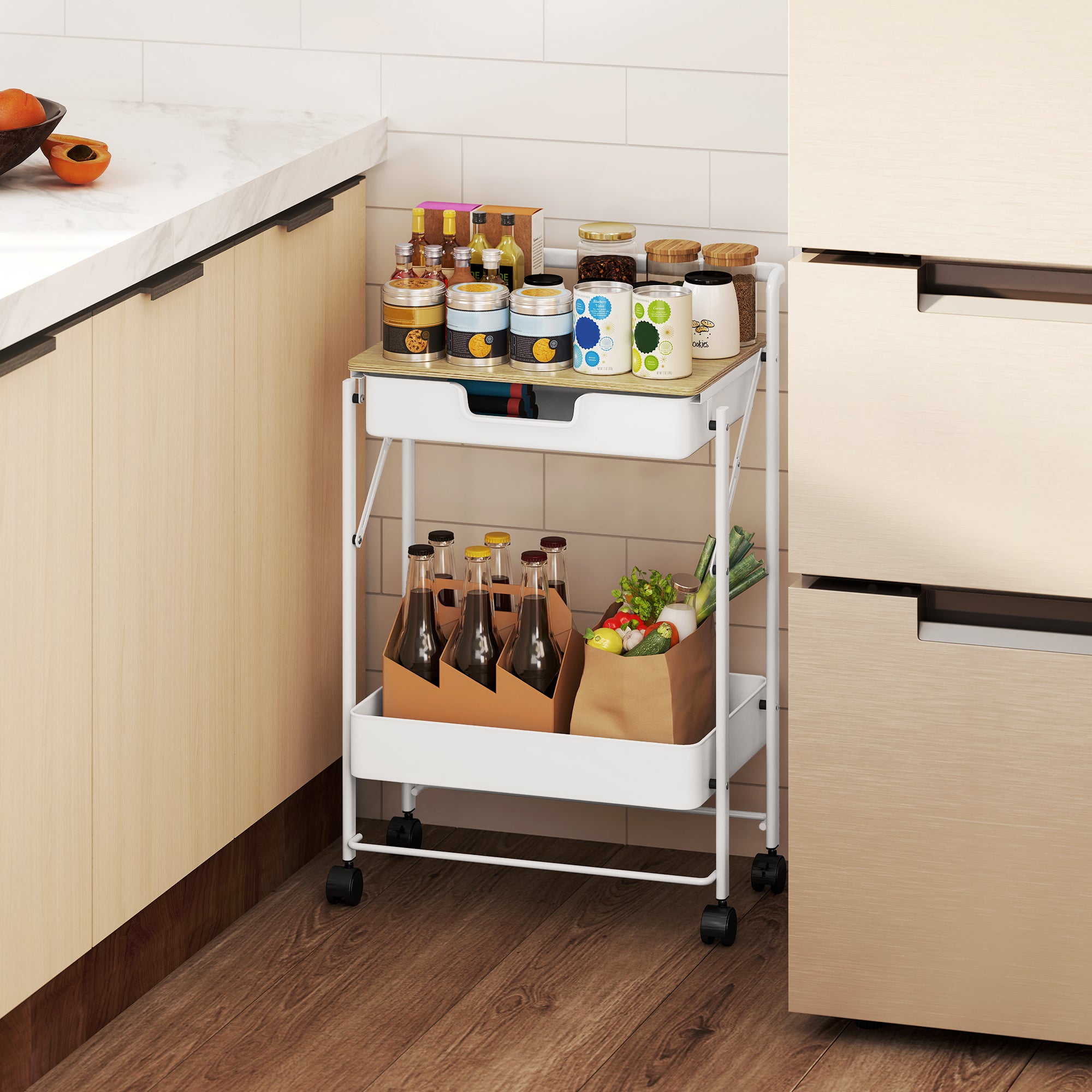 2-Tier Rolling Utility Cart with 1 Drawer and 1 Basket Kitchen Cart Organizer for Bedroom Living Room Office White