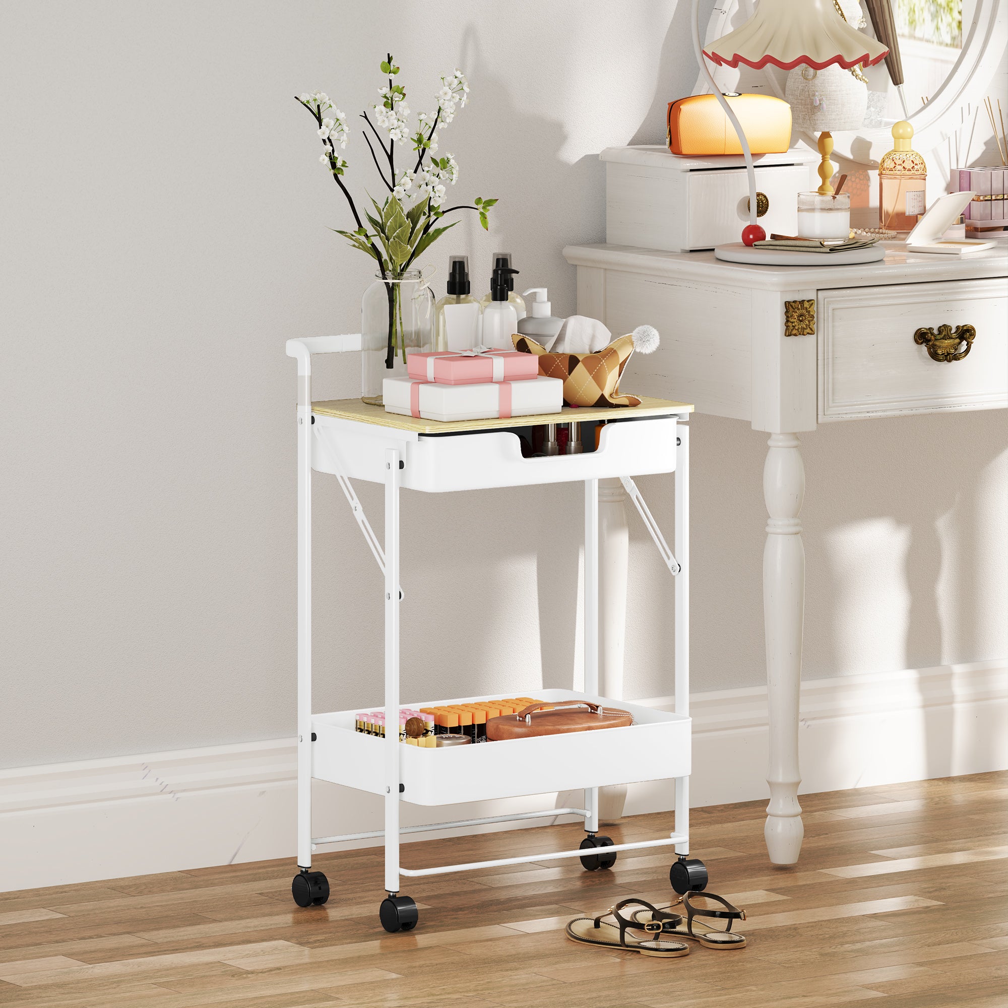 2-Tier Rolling Utility Cart with 1 Drawer and 1 Basket Kitchen Cart Organizer for Bedroom Living Room Office White