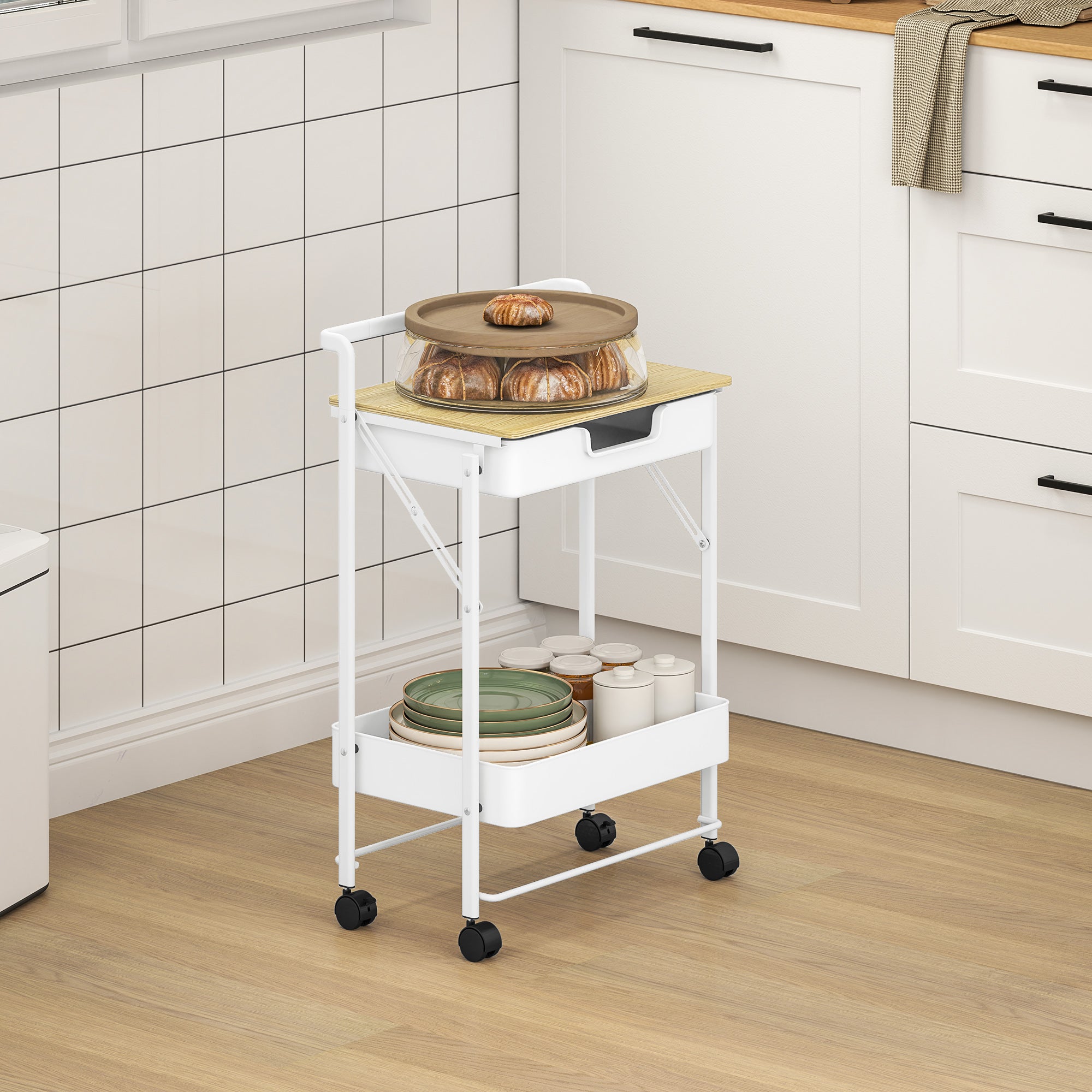 2-Tier Rolling Utility Cart with 1 Drawer and 1 Basket Kitchen Cart Organizer for Bedroom Living Room Office White