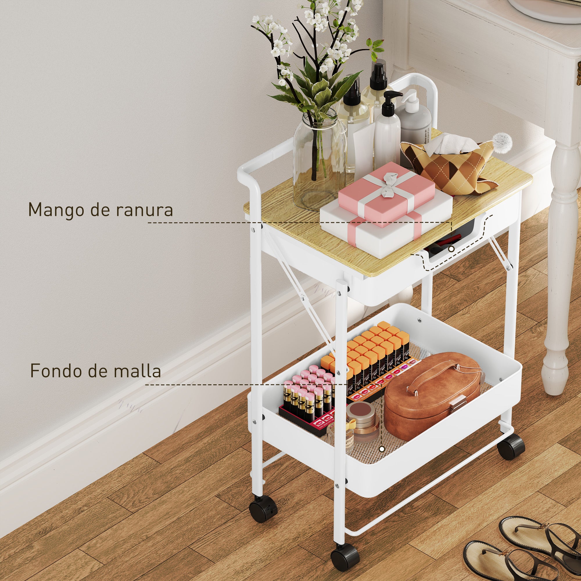 2-Tier Rolling Utility Cart with 1 Drawer and 1 Basket Kitchen Cart Organizer for Bedroom Living Room Office White