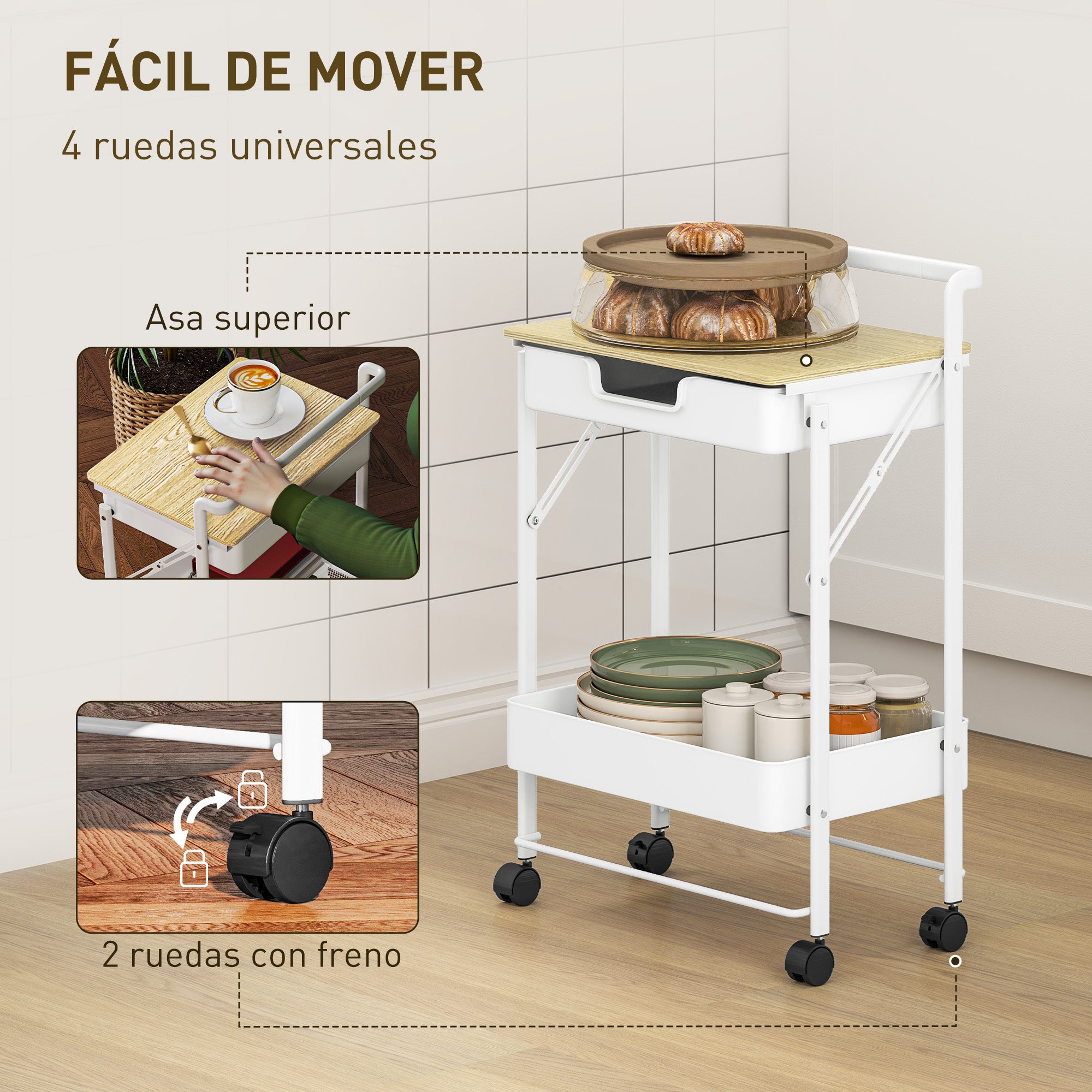 2-Tier Rolling Utility Cart with 1 Drawer and 1 Basket Kitchen Cart Organizer for Bedroom Living Room Office White