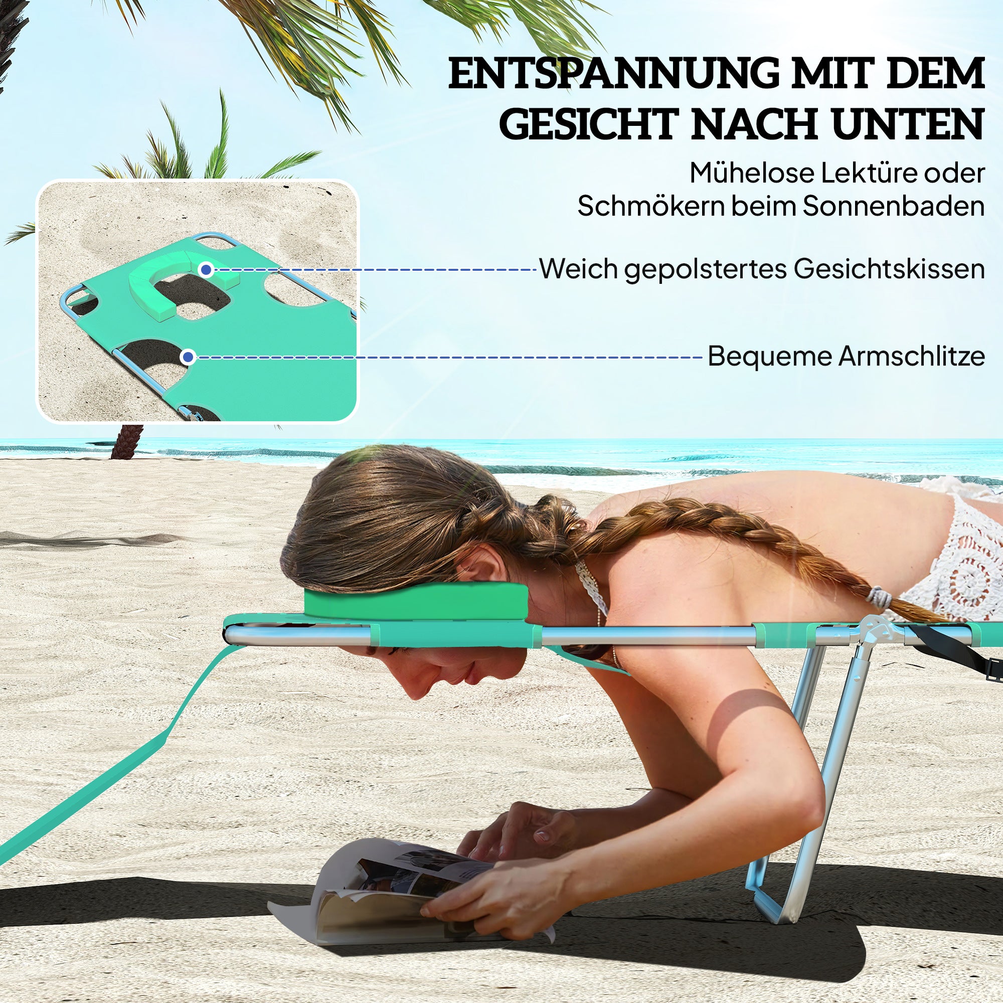 Foldable Sun Lounger Garden Lounger with Reading Window, Headrest, Reclining Chair with 5-Position Adjustable Backrest, Weatherproof Camping Lounger up to 120 kg Load Capacity, for Garden Beach Pool, Green