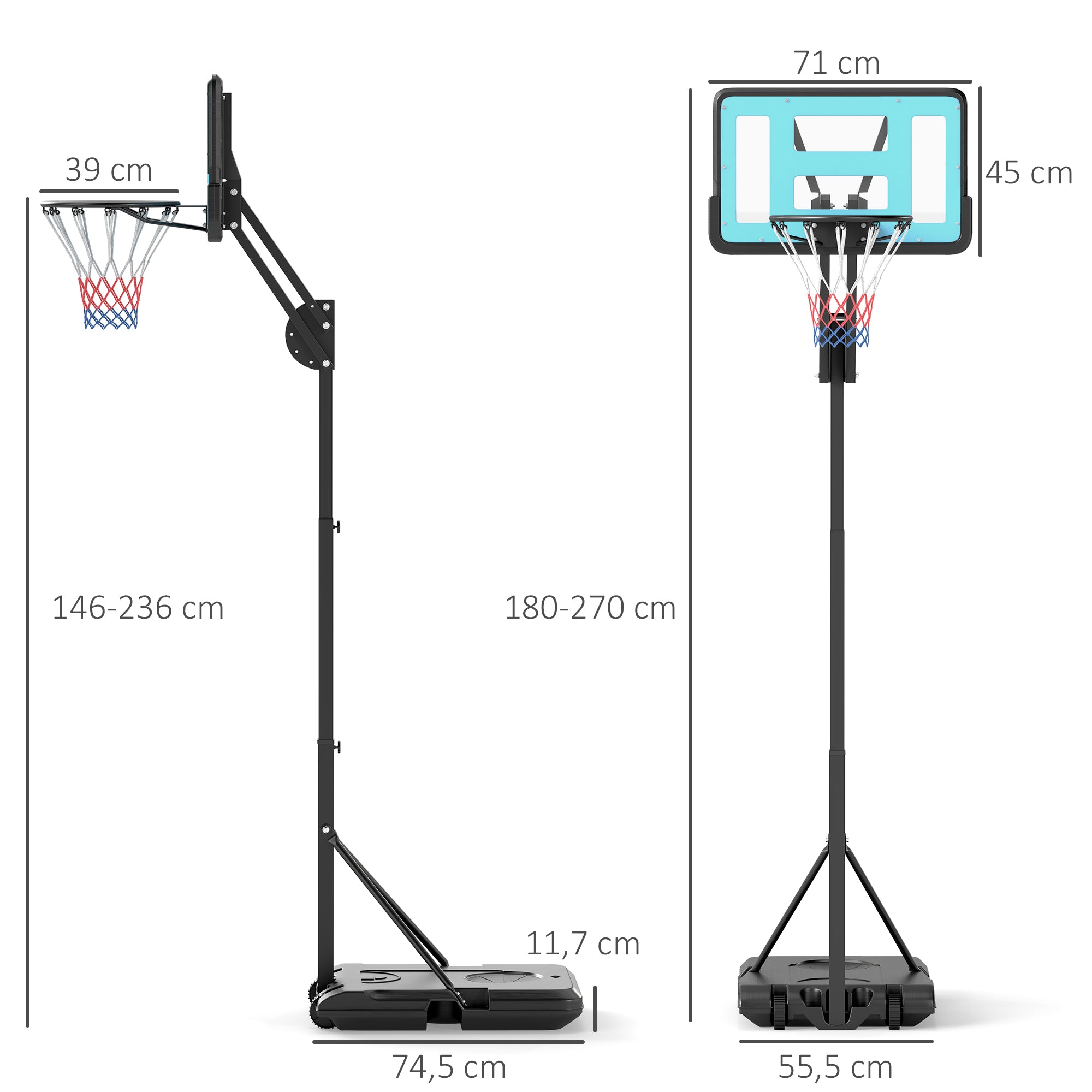 SPORTNOW Outdoor Basketball Hoop with Stand Wheels 146–236 cm Height Adjustable Basketball Stand with 71x45cm Backboard Portable Basket for Teens Adults Indoor Basketball System