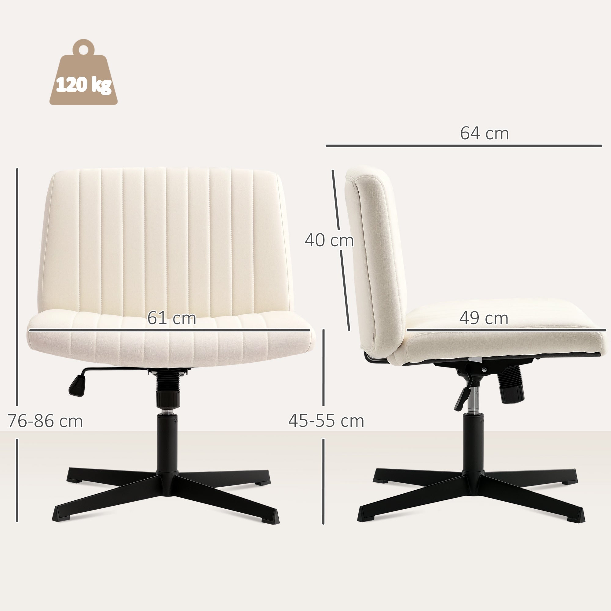 Home Office Linen-Effect Swivel Chair — Height-Adjustable Armless Desk & Vanity Chair, Wide Seat, Up to 265 lb, Cream White