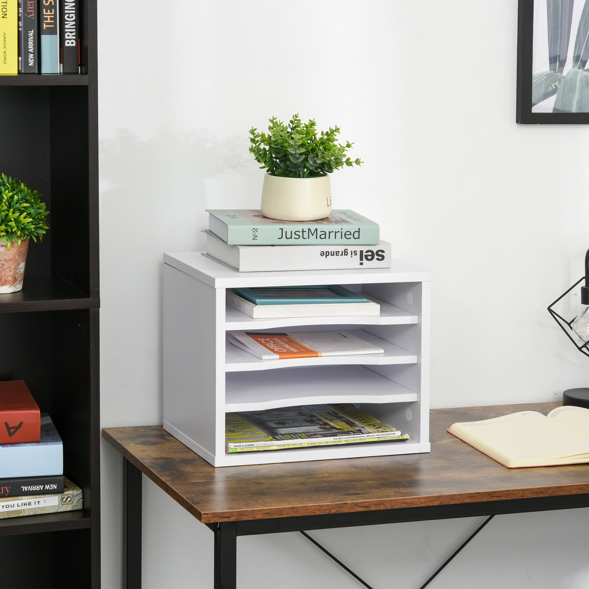 White Wood Desk Organizer with 4 Layers Printer Stand Dim. 35.5L x 25W x 28.6H cm
