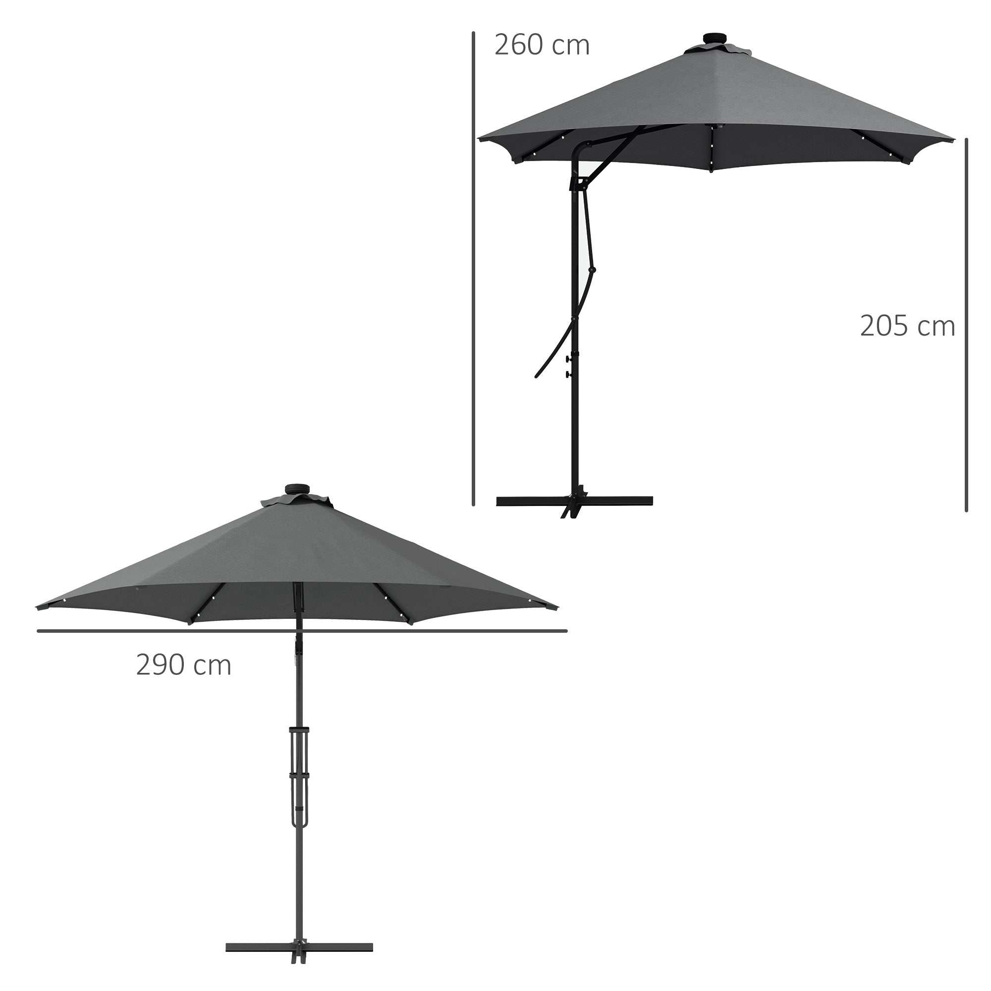Sun Umbrella, Ø290 cm Cantilever Umbrella with UV Protection, LED Patio Umbrella with Cross Base, Patio Umbrella with Protective Cover, for Garden, Steel, Dark Gray