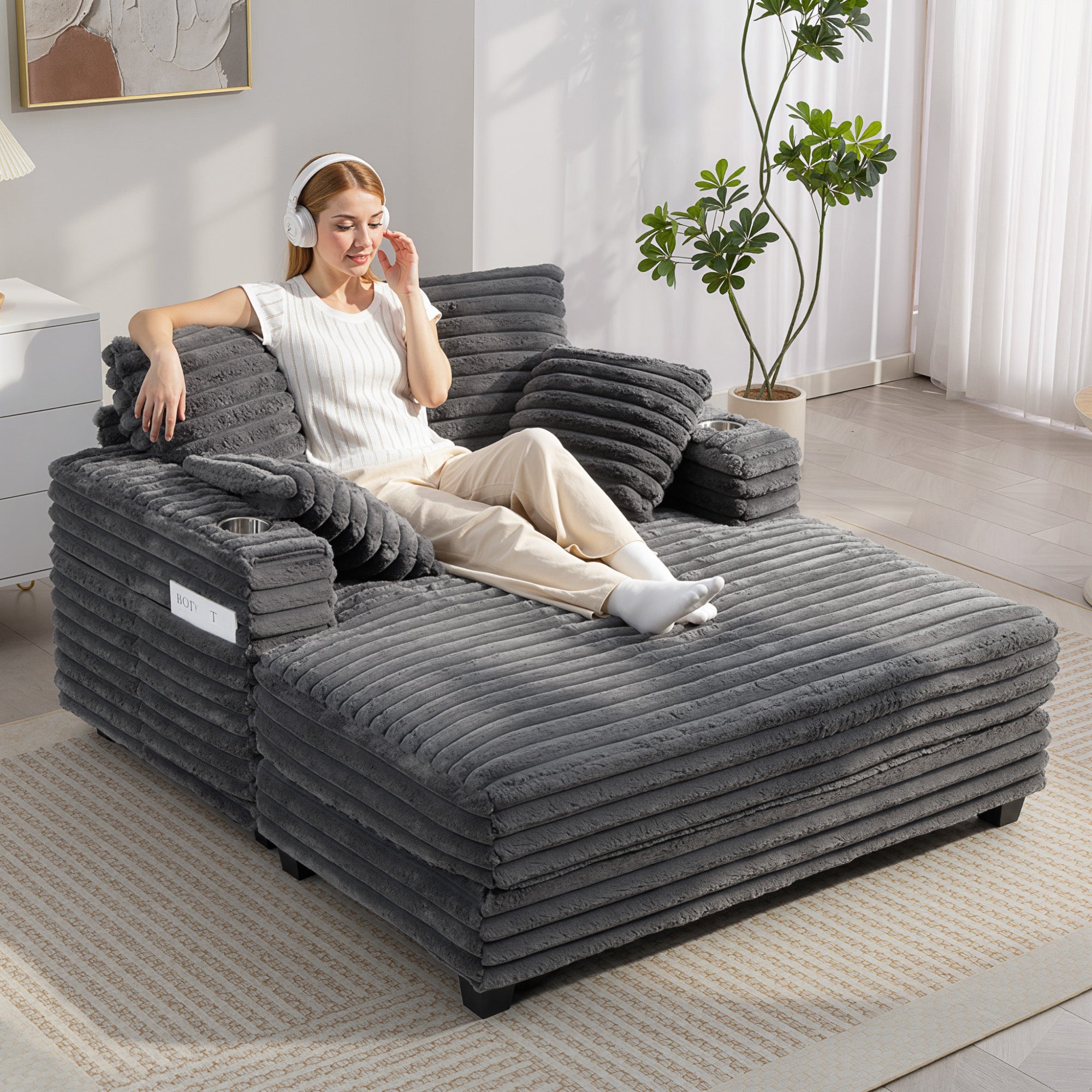 2-Seater Sofa Bed with Chaise, Gray Corduroy, Throw Pillows, Armrests & Cup Holders – 53" x 59"