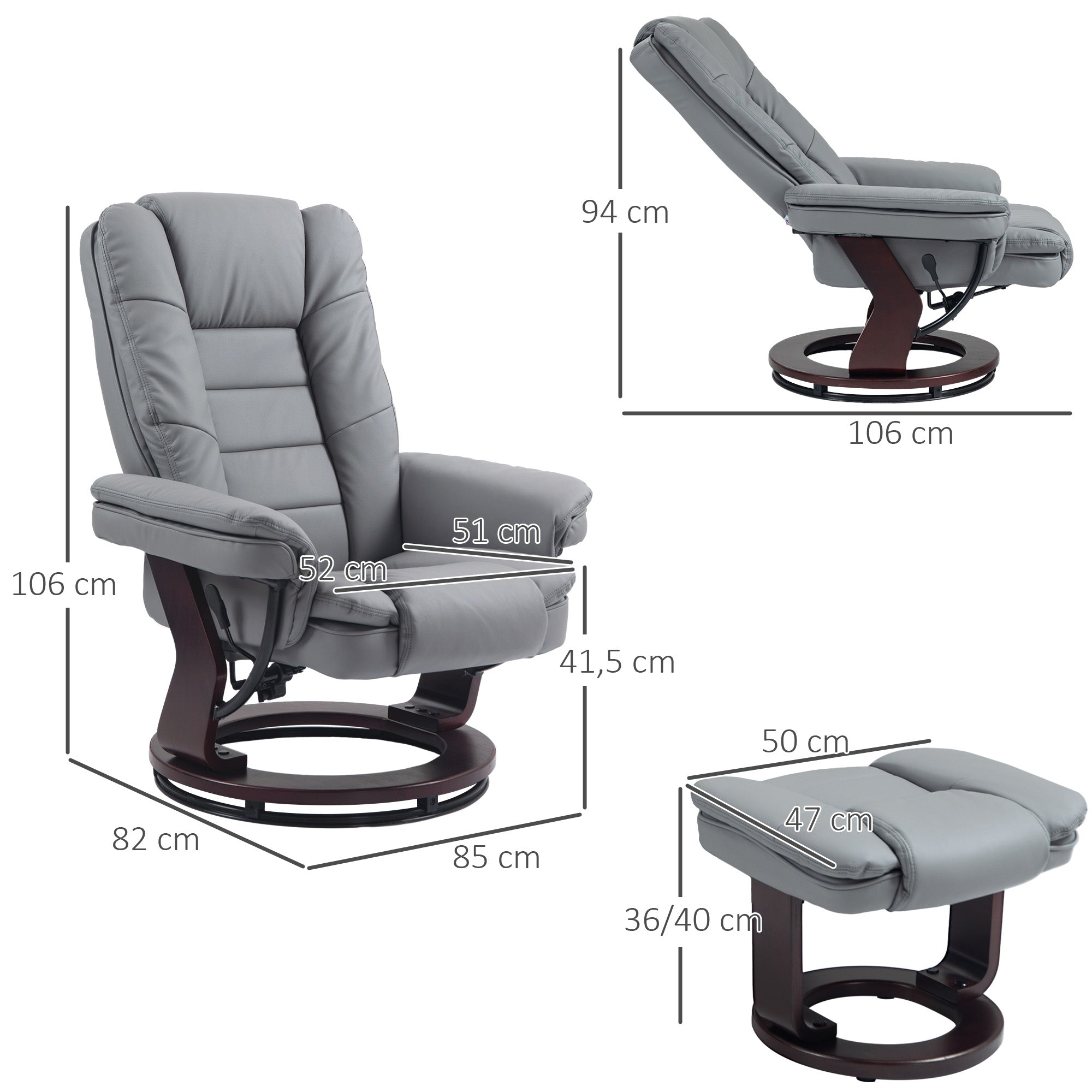 Recliner Chair with Ottoman 360° Swivel TV Chair with Reclining Function Armchair up to 130 kg load capacity for Living Room Faux Leather, Gray