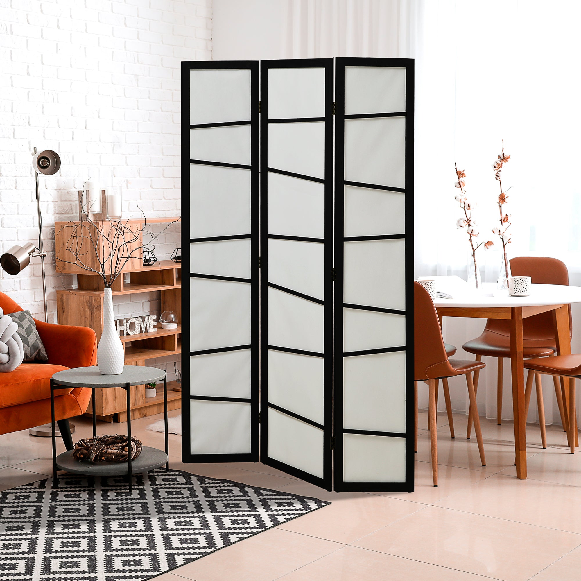 3-Panel Folding Room Divider 120x170 cm Room Separator with Wood Frame for Office Bedroom Living Room Black and White Decoration