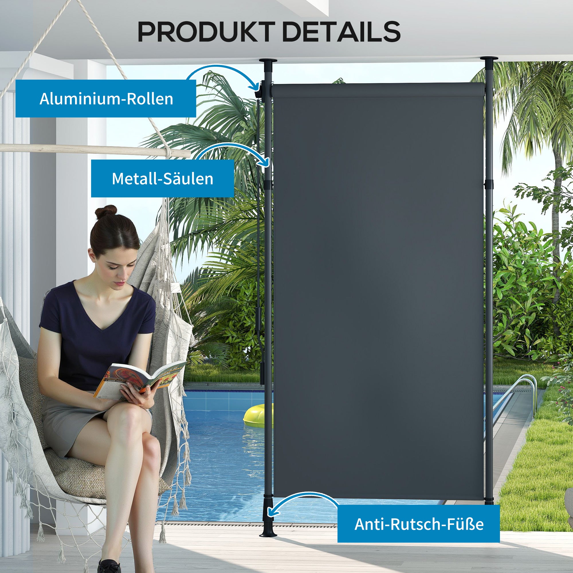 Vertical Awning 150 x 220-310cm Retractable Vertical Awning Clamp Awning with Crank Sun Protection Privacy Wind Protection External Roller Blind Awning for Balcony Terrace Garden Dark Gray