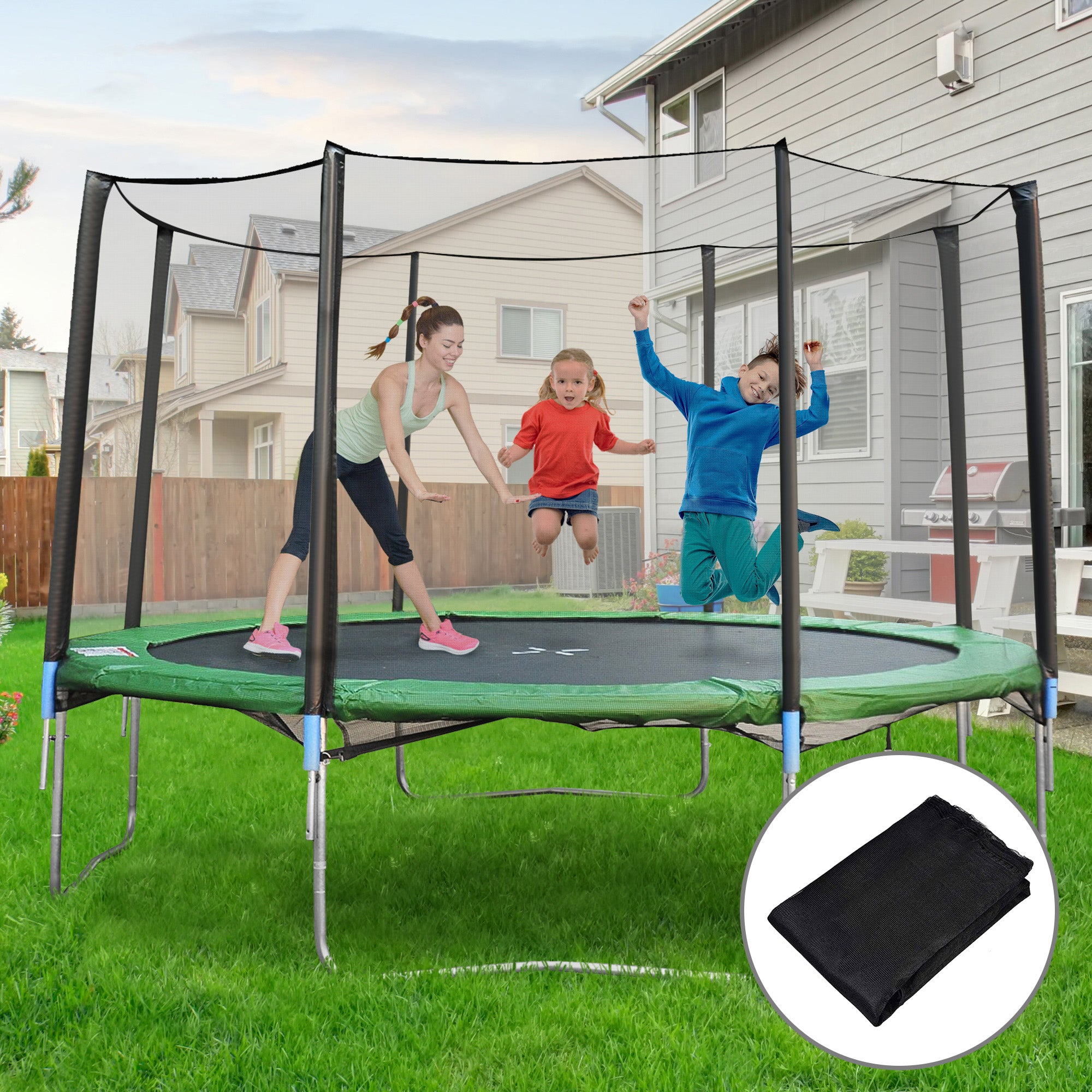 Replacement Safety Net for Ø366 cm Round Trampoline Outdoor with Zipper Door for 8 Straight Poles Ø366x180 cm Black